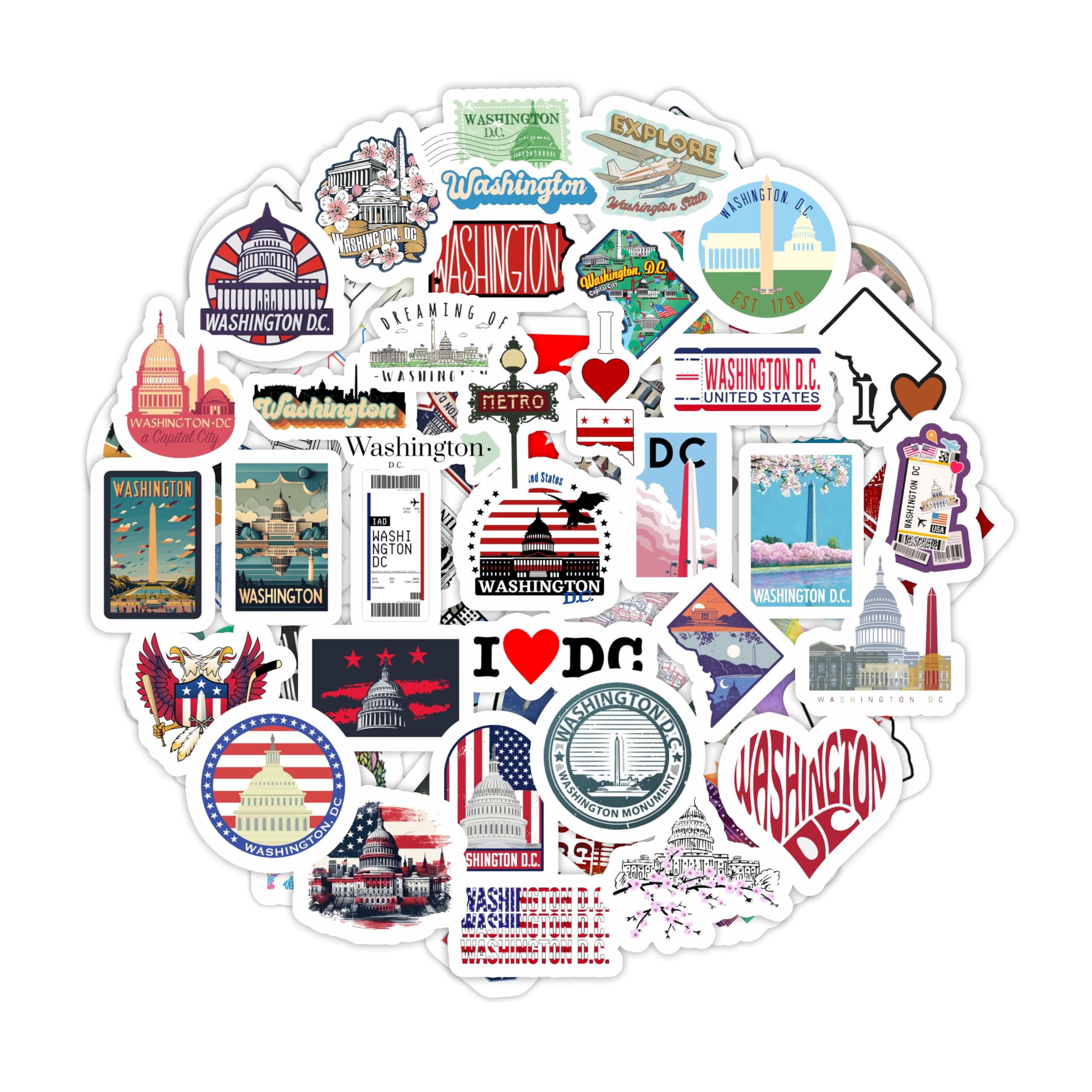 BulbaCraft 100Pcs Washington DC Stickers for Water Bottle and Laptop - Washington DC Party Supplies & Decorations, Waterproof Vinyl Decals, State