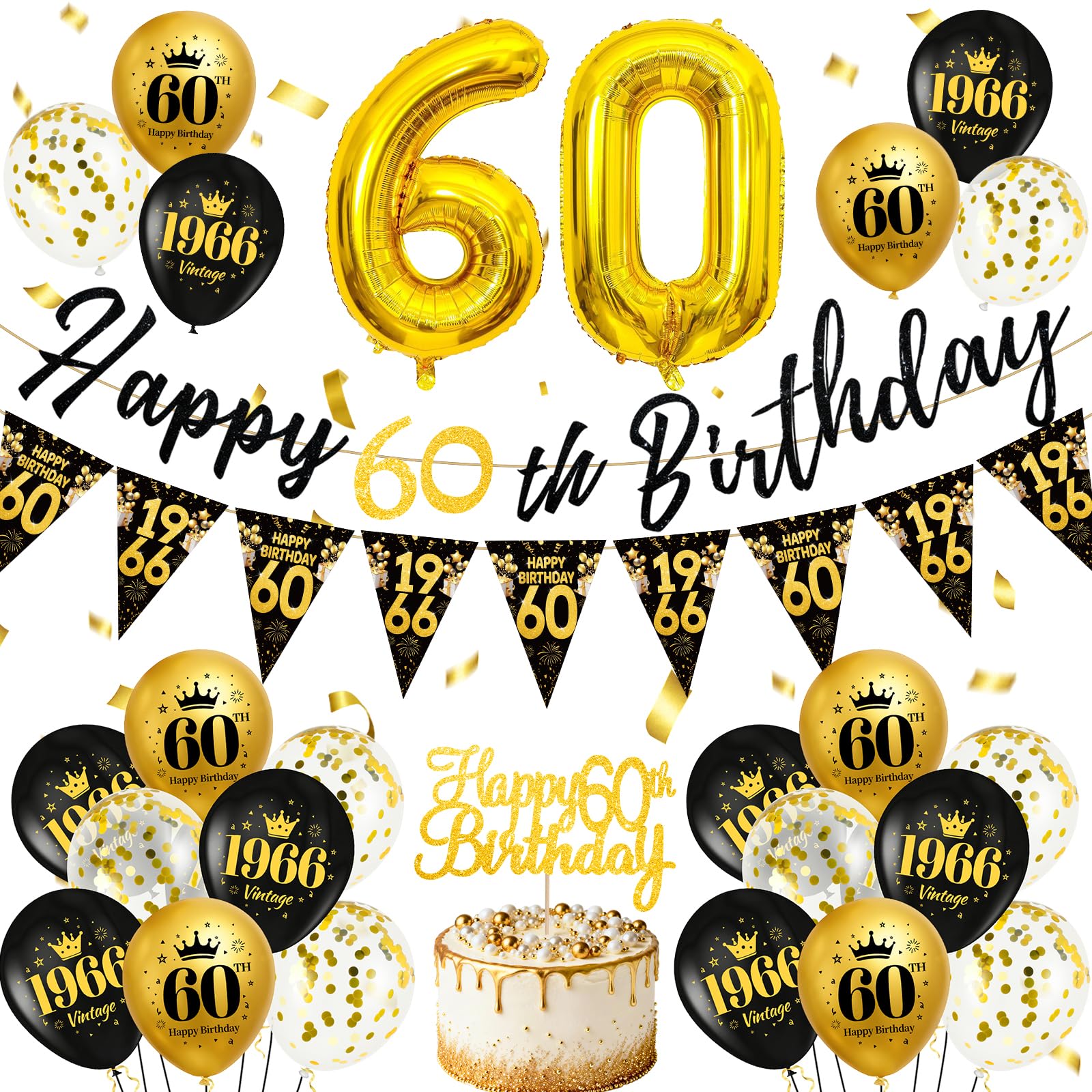 60th Birthday Decorations for Men Women, Black Gold Vintage 1966 Party Sets