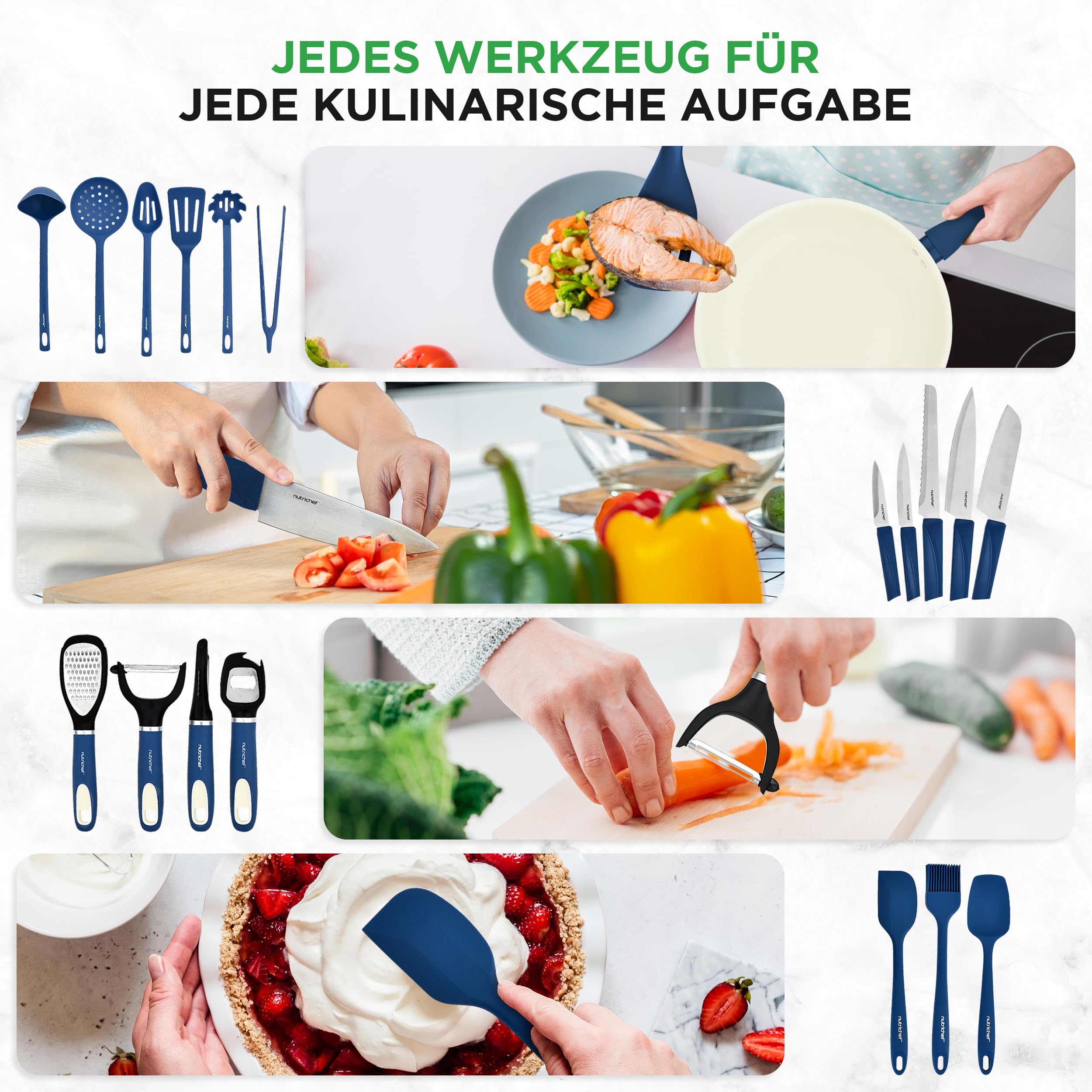 NutriChef Kochgeschirr Set 54-tlg – Pfannen, Töpfe, Küchenhelfer Blau– Mit Messer, Backformen, Zubehör – Für Induktion, Gas und Elektro – Gesund und fettarm kochen