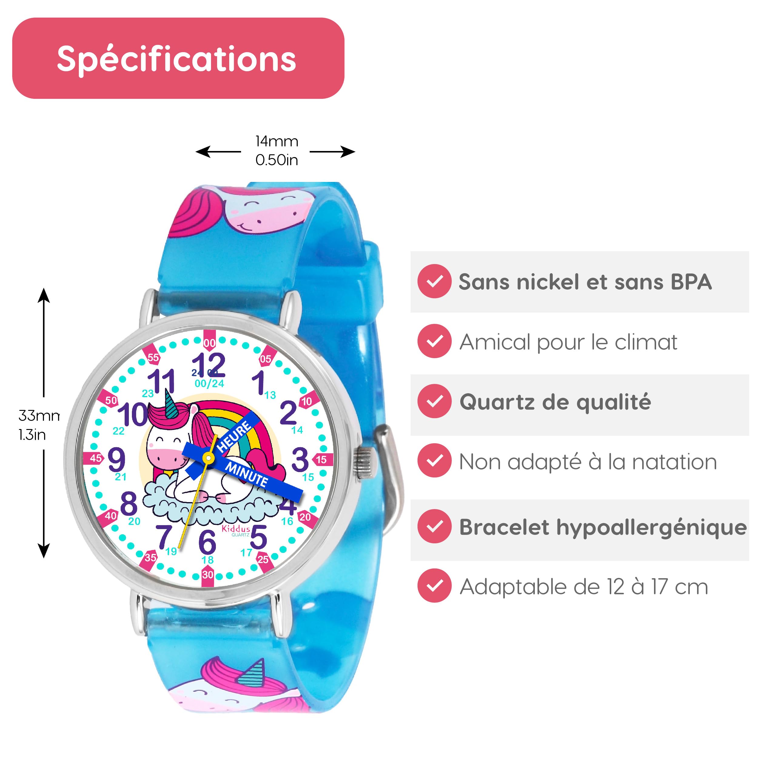 Kiddus Orologio Educativo per Bambino e Bambina dai 5 ai 10 Anni, Orologio Analogico Didattico per Imparare l'Ora, Movimento Giapponese