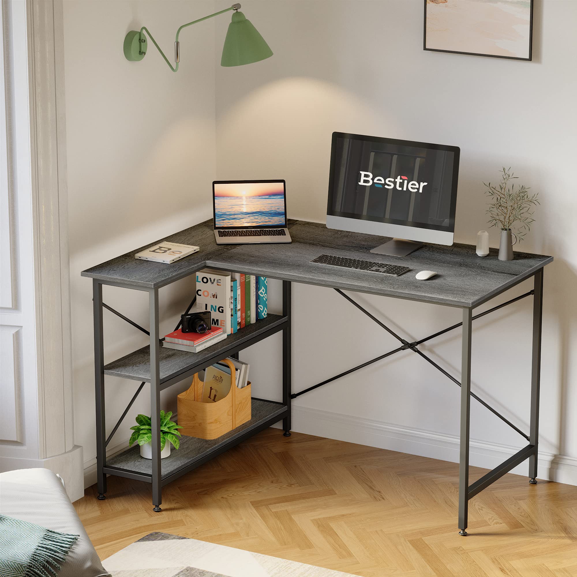 Bestier Small L Shaped Desk with Storage Shelves 47 Inch Corner
