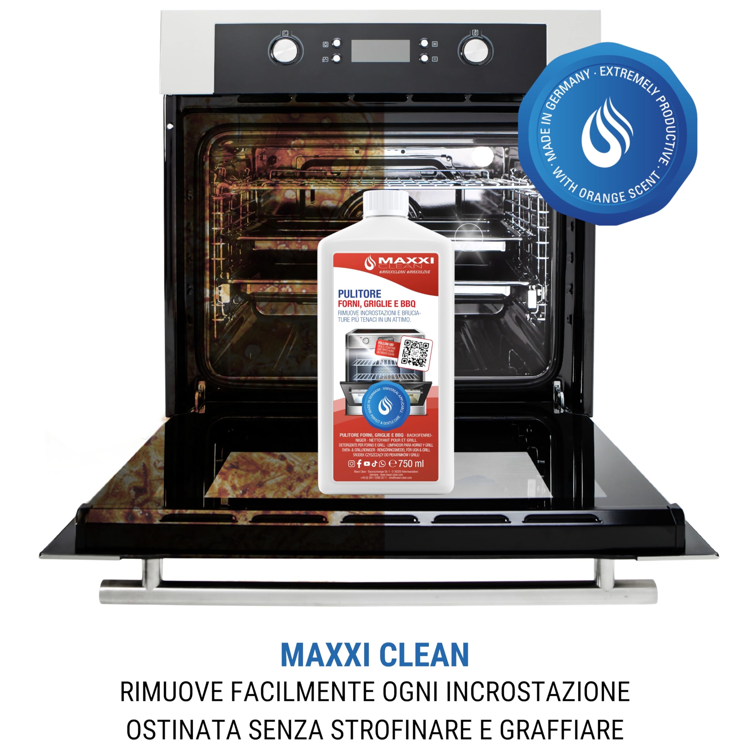 MAXXI CLEAN | Pulitore per forno, grill e BBQ extra forte (750 ml)| Pulitore e sgrassatore automatico | Per forno, piano cottura e grill | Scioglie incrostazioni