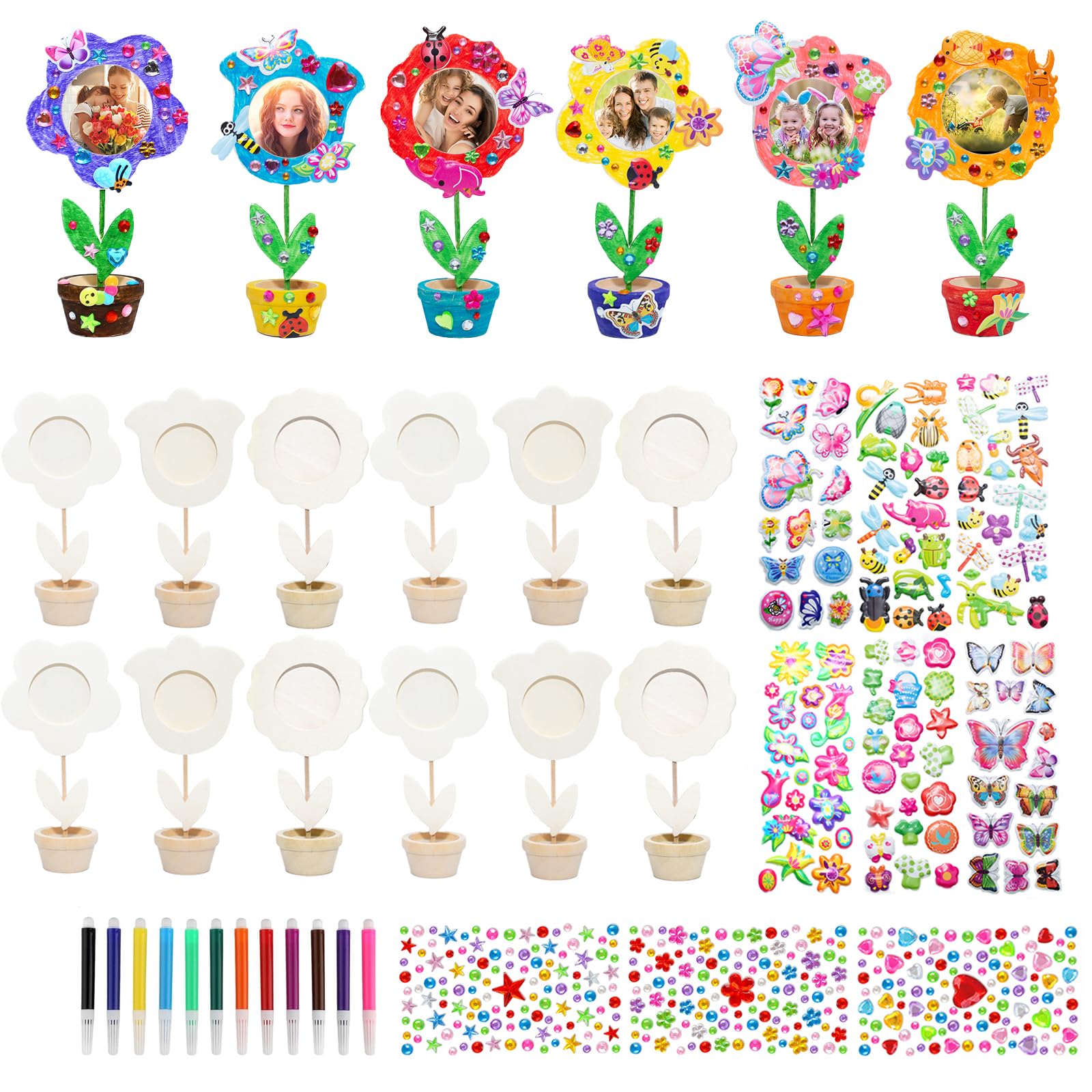 DMSESRLS 12 Fleurs en Bois à Peindre, 3D Pour Anniversaire D'enfants Avec Cadre Photo en Bois DIY, Pinceaux Colorés, Autocollants Pailletés, Fleurs en Bois Pour Le Bricolage Et la Peinture