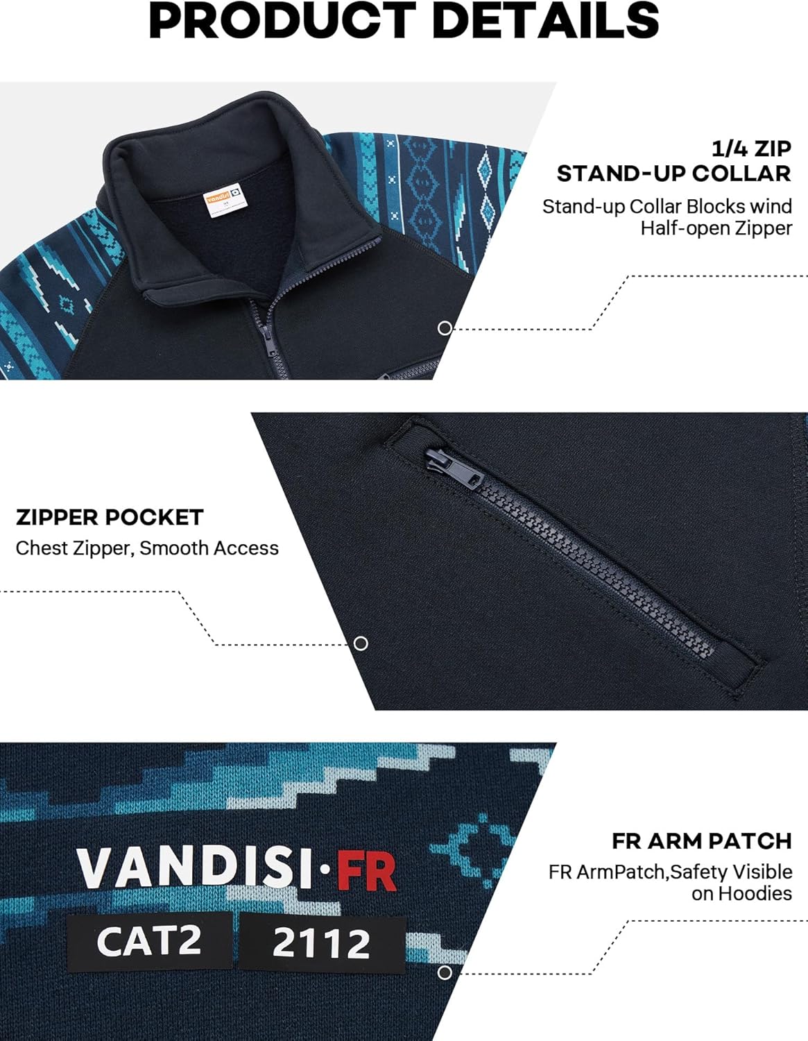 FR Hoodie for Men 12oz Cat 2 Flame Resistant Quarter Zip Pullover - Men's Camo & Aztec Print Work Sweatshirt - Image 5