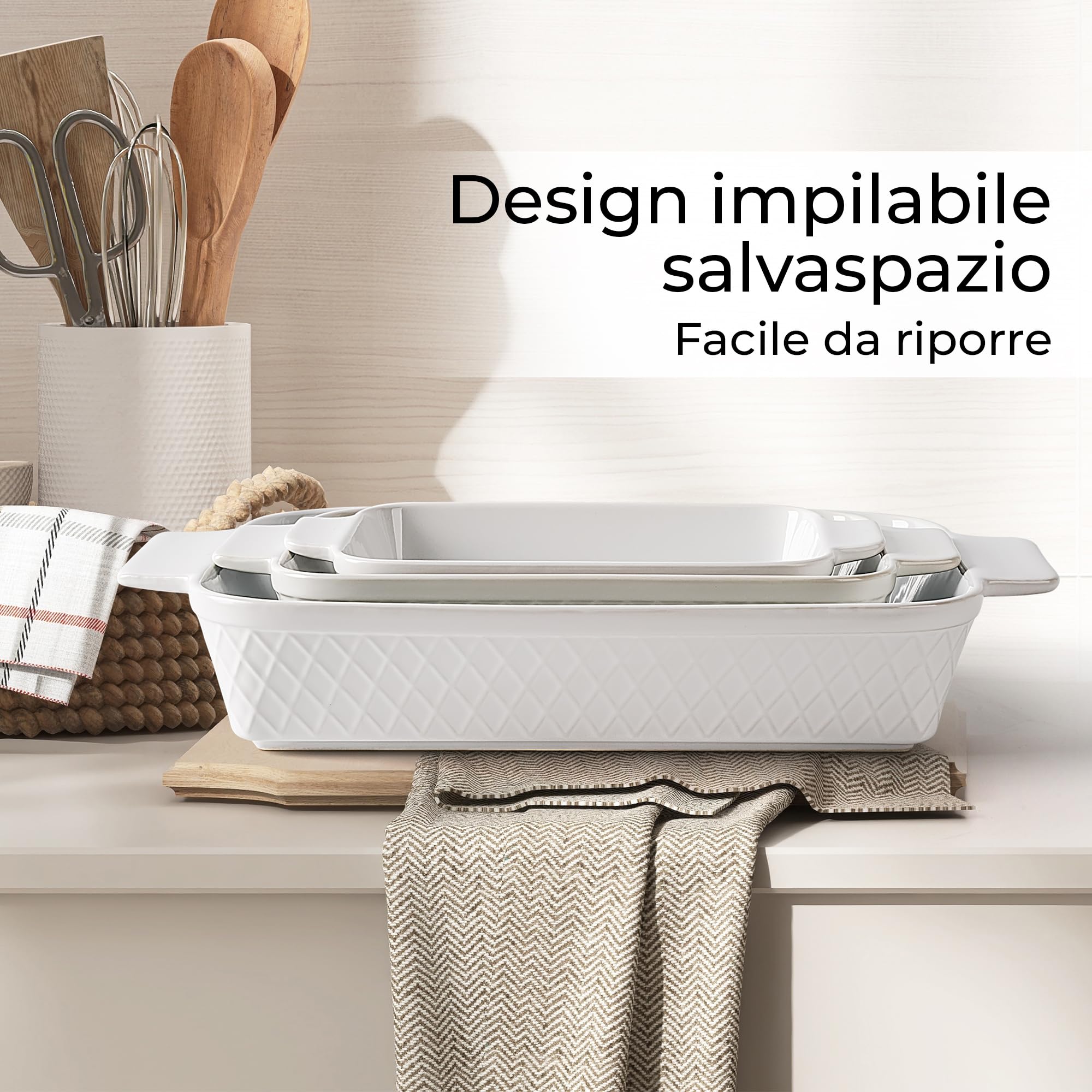 MIAMIO - Set di 3 casseruole/teglie/pirofile rettangolari in ceramica, set di pentole impilabili a 3 pezzi, 850 ml, 1650 ml, 2900 ml - Lavabile in lavastoviglie e in forno - Collezione Palmanova