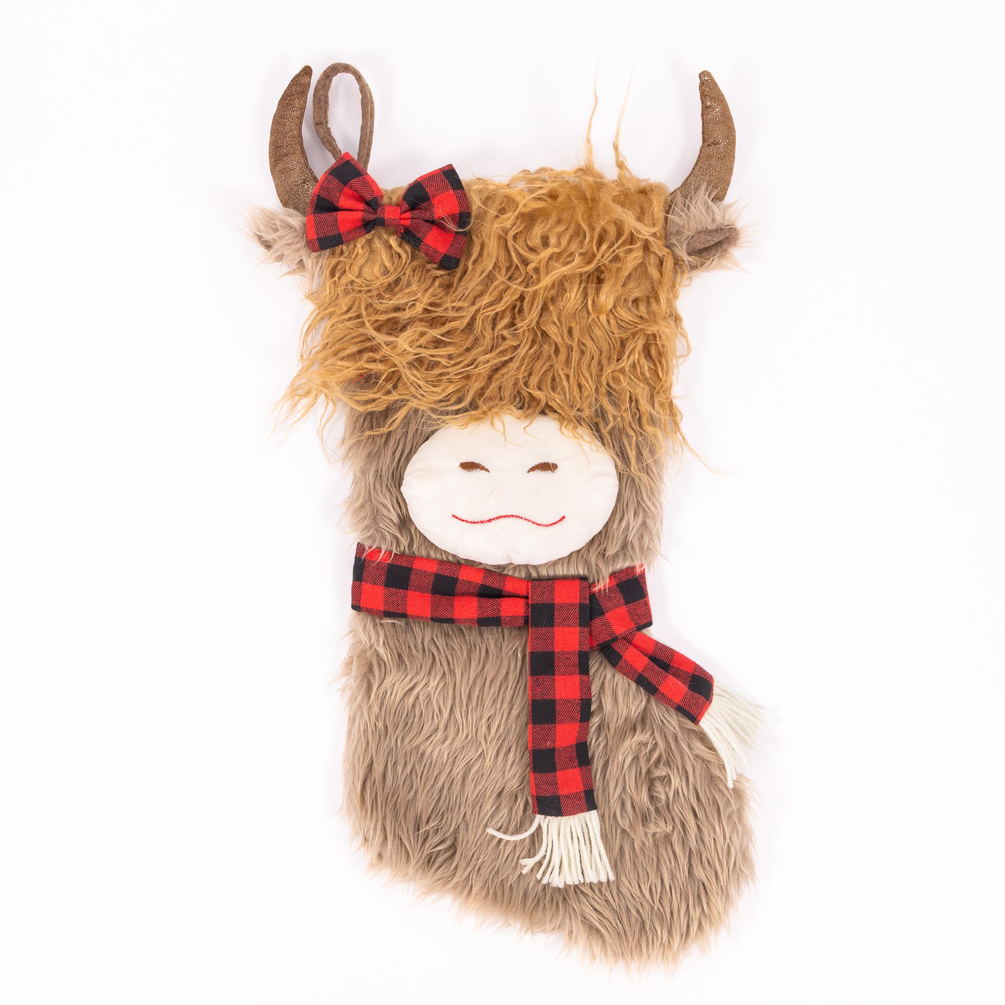 Evelay Brown Highland Cow Christmas Stocking | Luxury Plush Festive Decoration With 3D Ears & Horns | Rustic Faux Fur & Felt Stocking | 60Cm Large Xmas Fireplace Hanging
