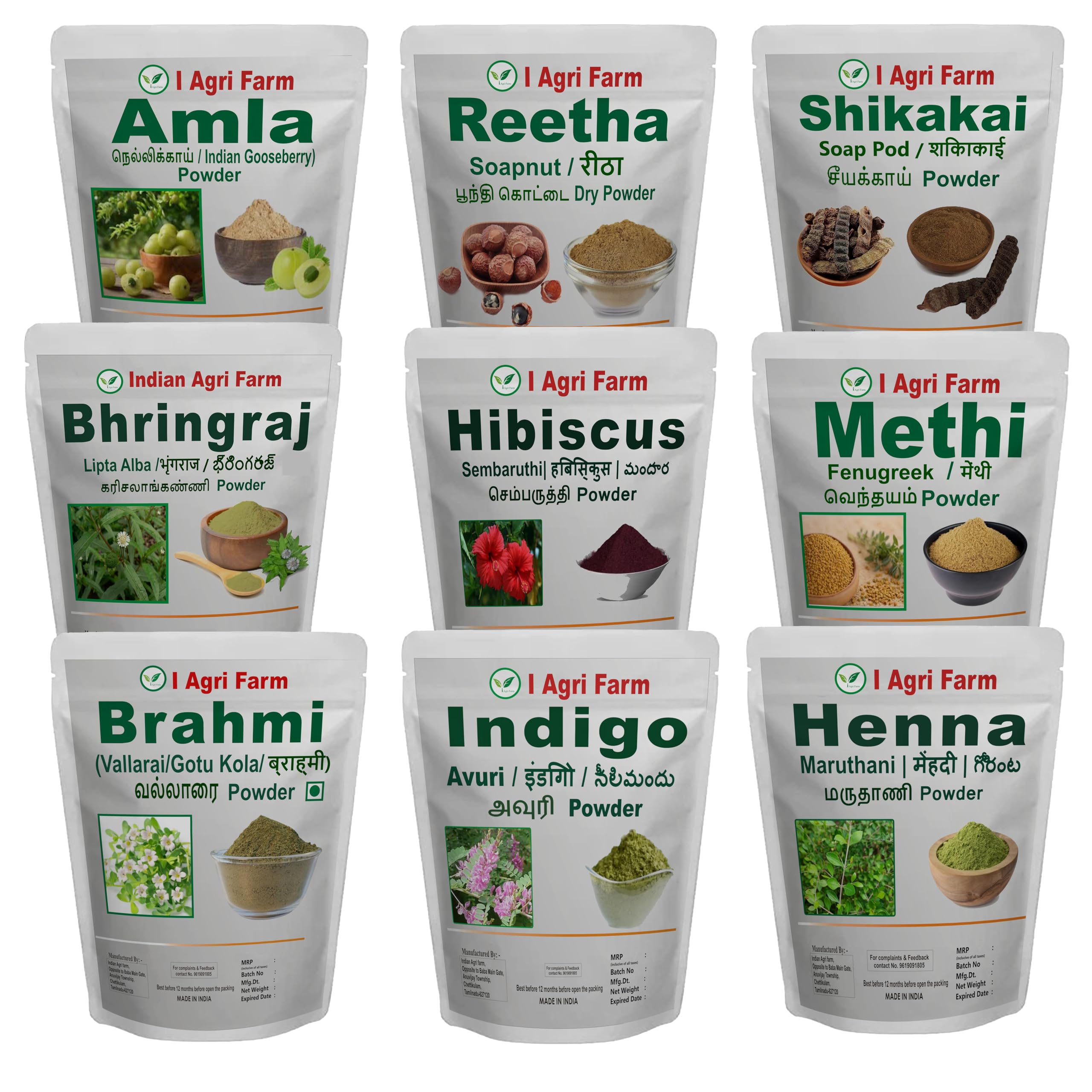 Pack of 9 Amla, Reetha, Shikakai, Bhringraj, Hibiscus, Methi, Brahmi, Indigo, Henna Powder / 200 g Each / Combo Pack-picture-52