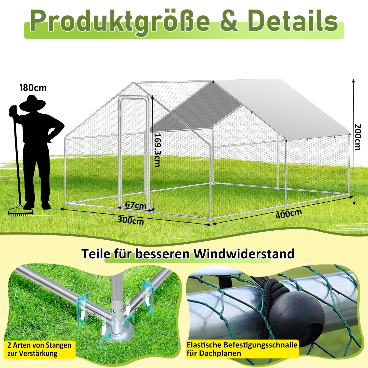 Ikodm Poulailler Extérieur XXL 3 x 4 x 2 m avec Serrure en Acier Galvanisé pour Poules, Chiens, Chats, Canards, Lapins, Oiseaux, Résistant aux Intempéries