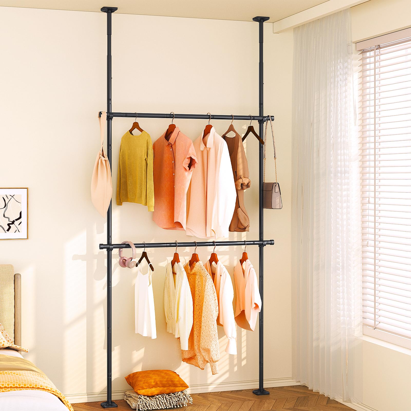 Yeabett Telescopic Clothes Rail & Room Divider Curtain Rod, Extendable Adjustable No Drill Freestanding Wardrobe Hanging Rail 227-312cm(H) 71-138cm(W) for Rentals, Apartments, Black