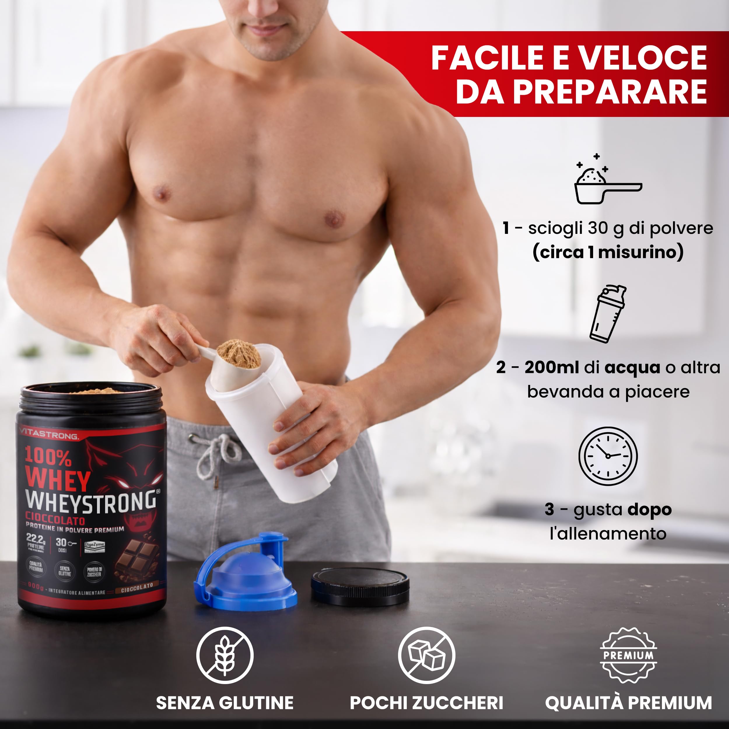 Vitastrong Proteine in Polvere Premium WheyStrong®, 900g, Gusto Cioccolato | 100% Proteine Whey con DigeZyme®, Alta Digeribilità e Concentrazione, Proteine del Siero del Latte Solo da Fornitori Italiani