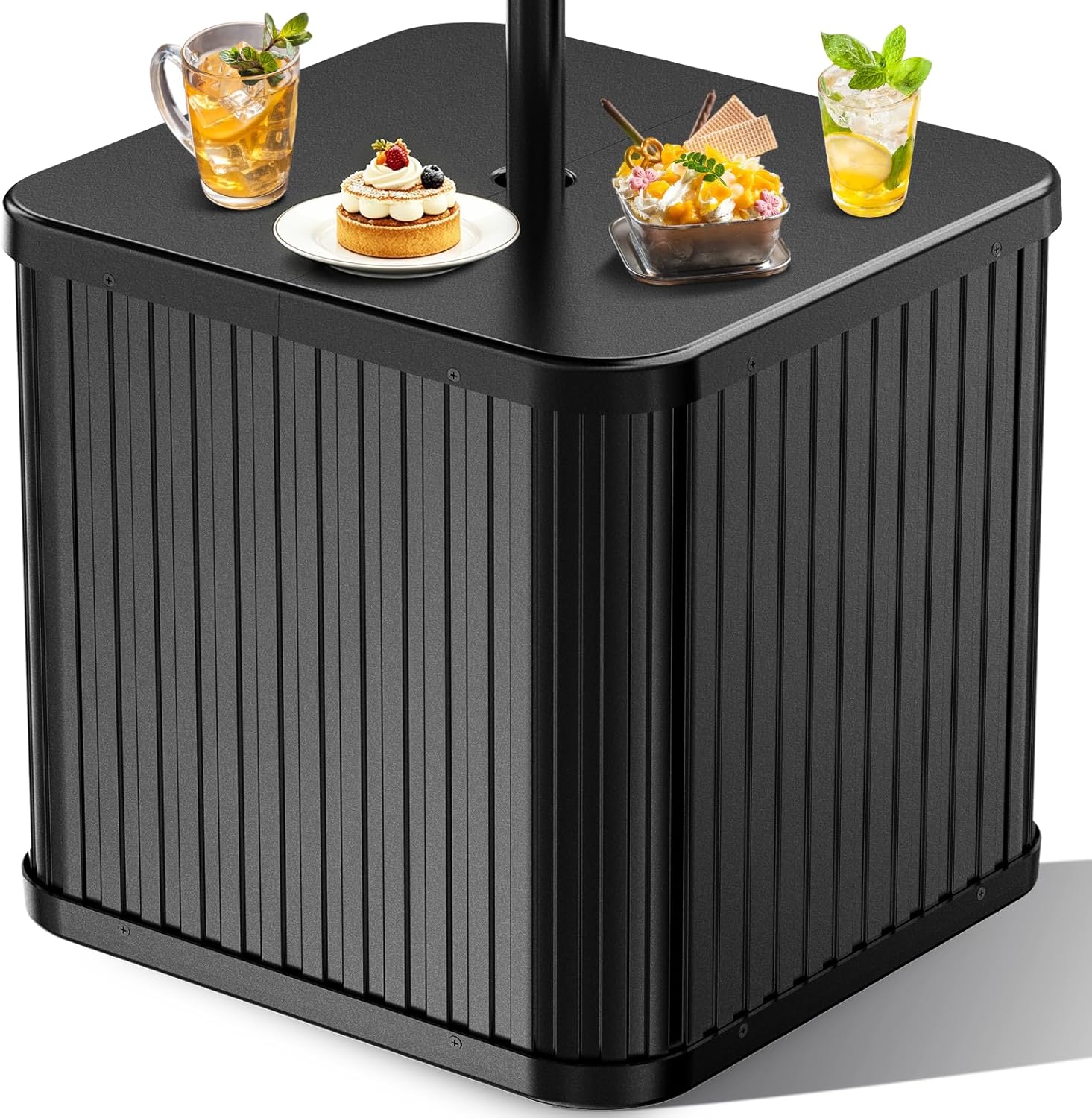 Umbrella Side Table with Umbrella Hole, 2-in-1 Outdoor Side Table & Umbrella Stand with Fillable Base, Heavy Duty Poolside Table Holds 132 lbs, Fits ≤1.5” Pole for Poolside & Backyard, Black