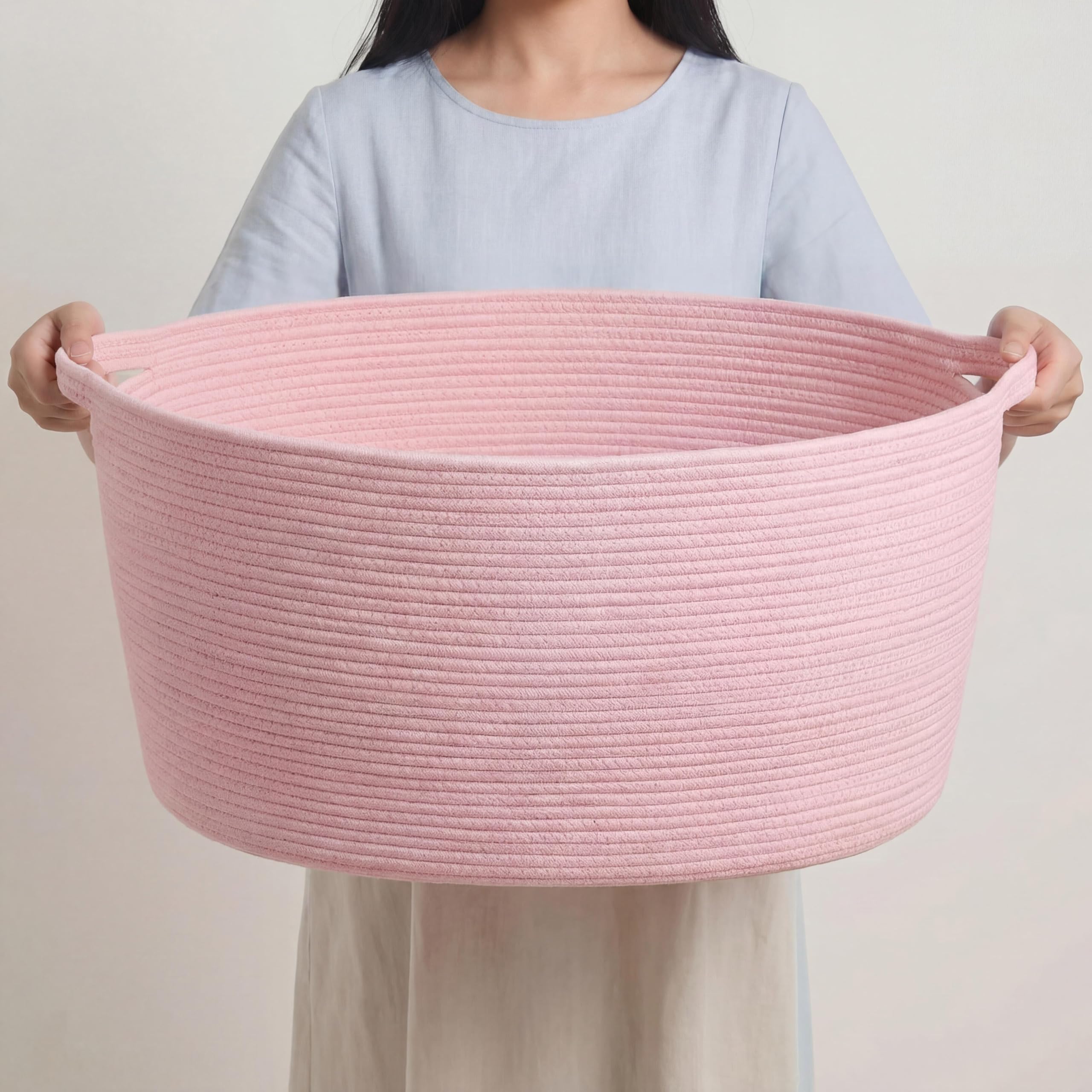 Bigepige Cotton Rope Laundry Basket with Handles, Rectangular Woven Storage Hamper for Bedroom, Living Room, Laundry, Large Washing Basket for Clothes, Toys, Towels Nursery Pink