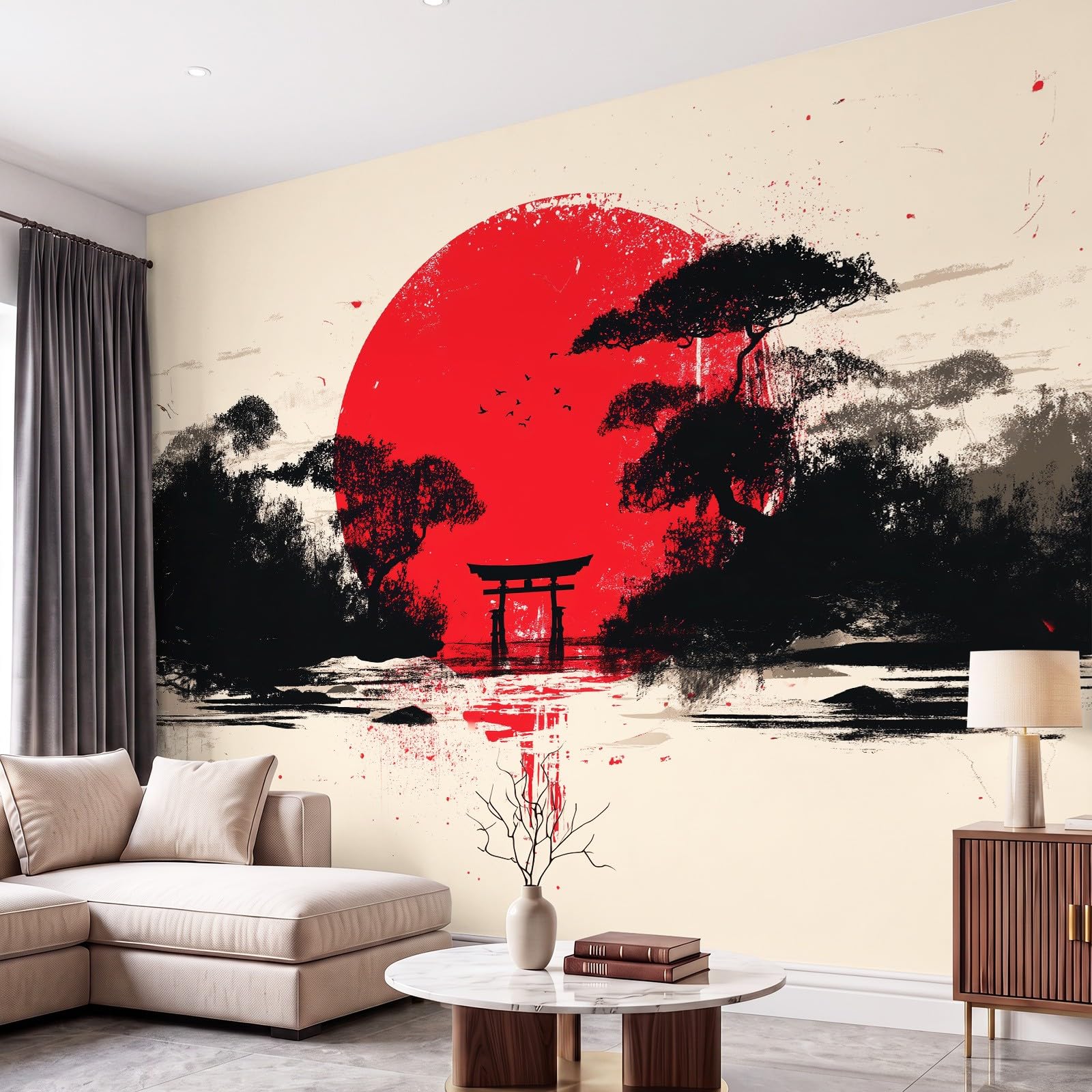 Carta da Parati Murale Panoramica Sole rosso Alberi Paesaggio montano Beige, Fotomurale in Tessuto Non Tessuto per Parete Camera Soggiorno Cameretta, Decorazione Murale 450 x 315 cm