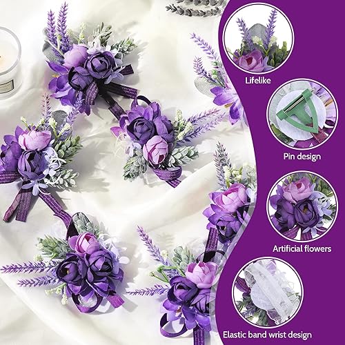 Miniatura 3 de Juego de 12 ramilletes de muñeca morados y boutonniere para novios, padrinos de boda, damas de honor, boda, fiesta, baile, decoración de flores