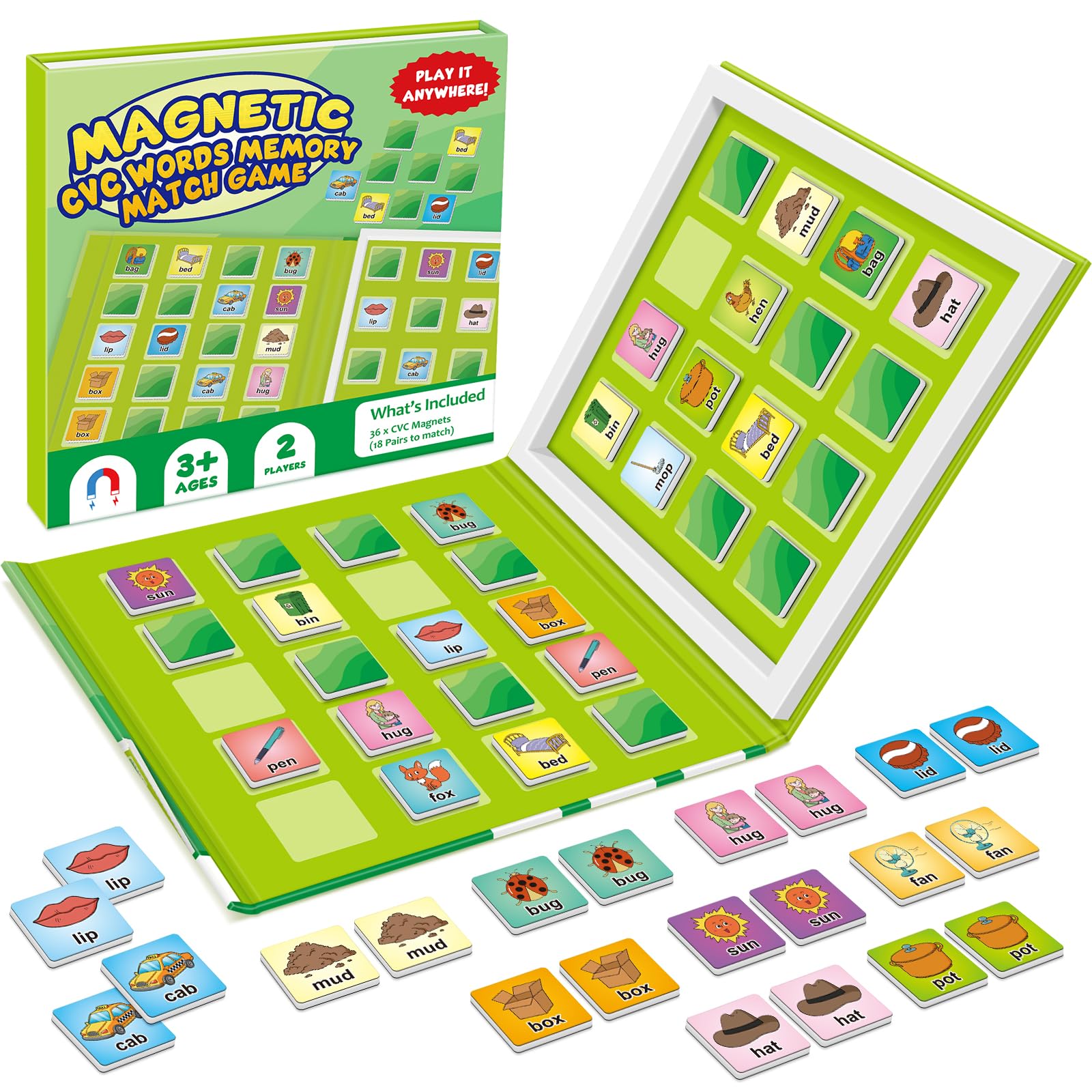 Torlam Magnetic CVC Word Match Game, Phonics Memory Games for Kids, Travel Party Camping Road Family Night Airplane Car Trip Activities for Preschool Kindergarten Kids Educational Homeschool Supplies