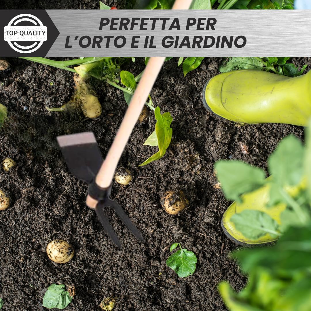 Zappa Quadra Bidente Professionale in Acciaio Forgiato con Manico Lungo in Faggio – Attrezzo Artigianale per Giardinaggio, Orto e Rimozione Erbacce (500 GR)
