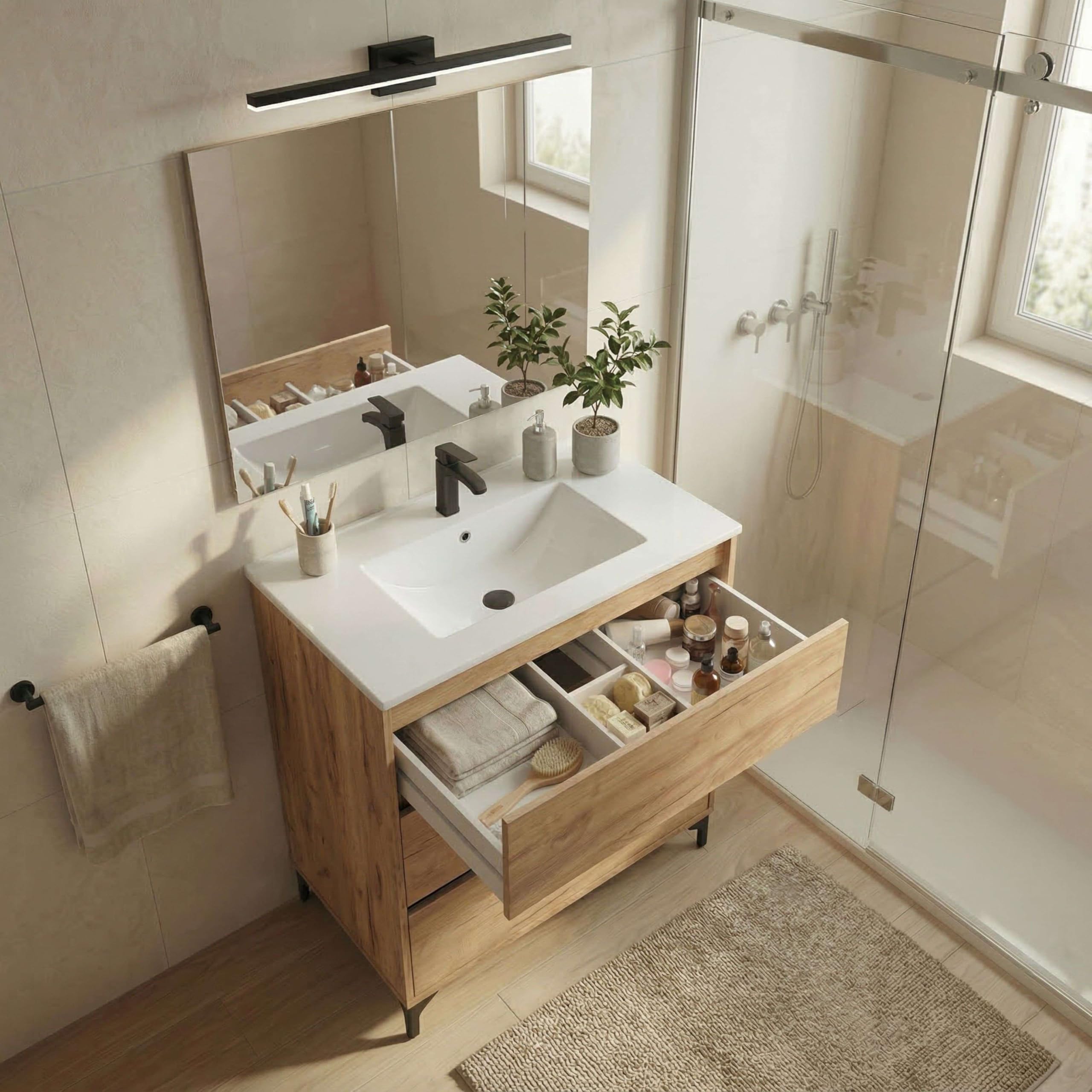 Miroytengo Mueble de Baño para Lavabo 80 cm Elba 3 Cajones Guías Metálicas Roble Kraft (SIN Lavabo)