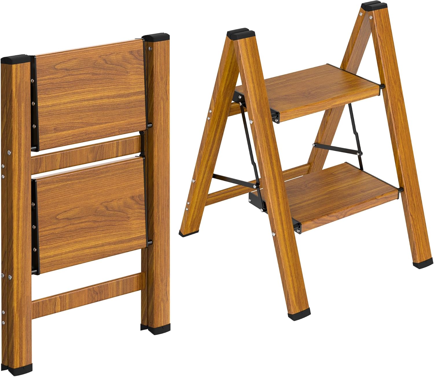 HBTower Step Ladder,Lightweight Aluminum Folding Step Stool with Anti-Slip Wide Pedal,330lbs Capacity Step Ladder for Household,Kitchen,Office - Woodgrain 2 Step Woodgrain