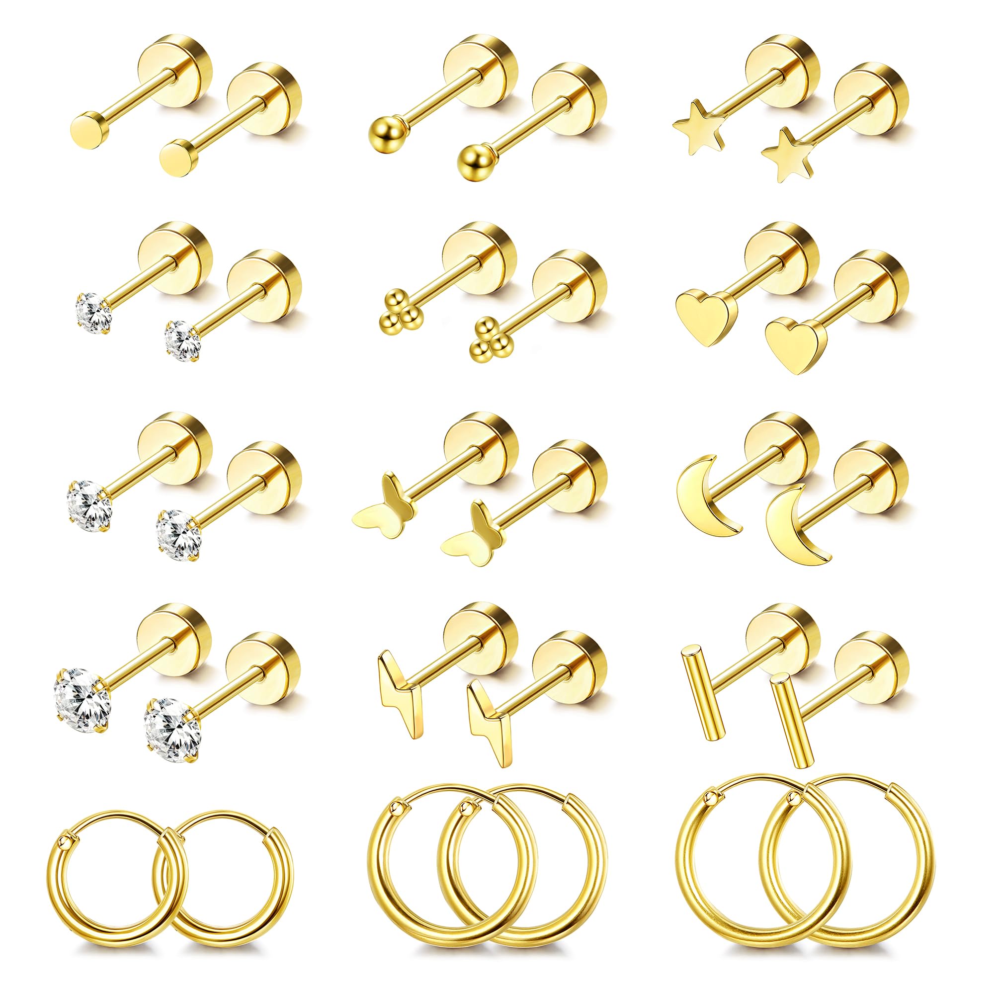 JeweBella 15 Pares Pequeños Pendientes Acero Quirurgico Mujer Piercing Oreja Pendientes Hipoalergenicos 14K Chapado en Oro Pendientes Dorados Mujer Pendientes de Aro Pendientes Oro Plata Mujer