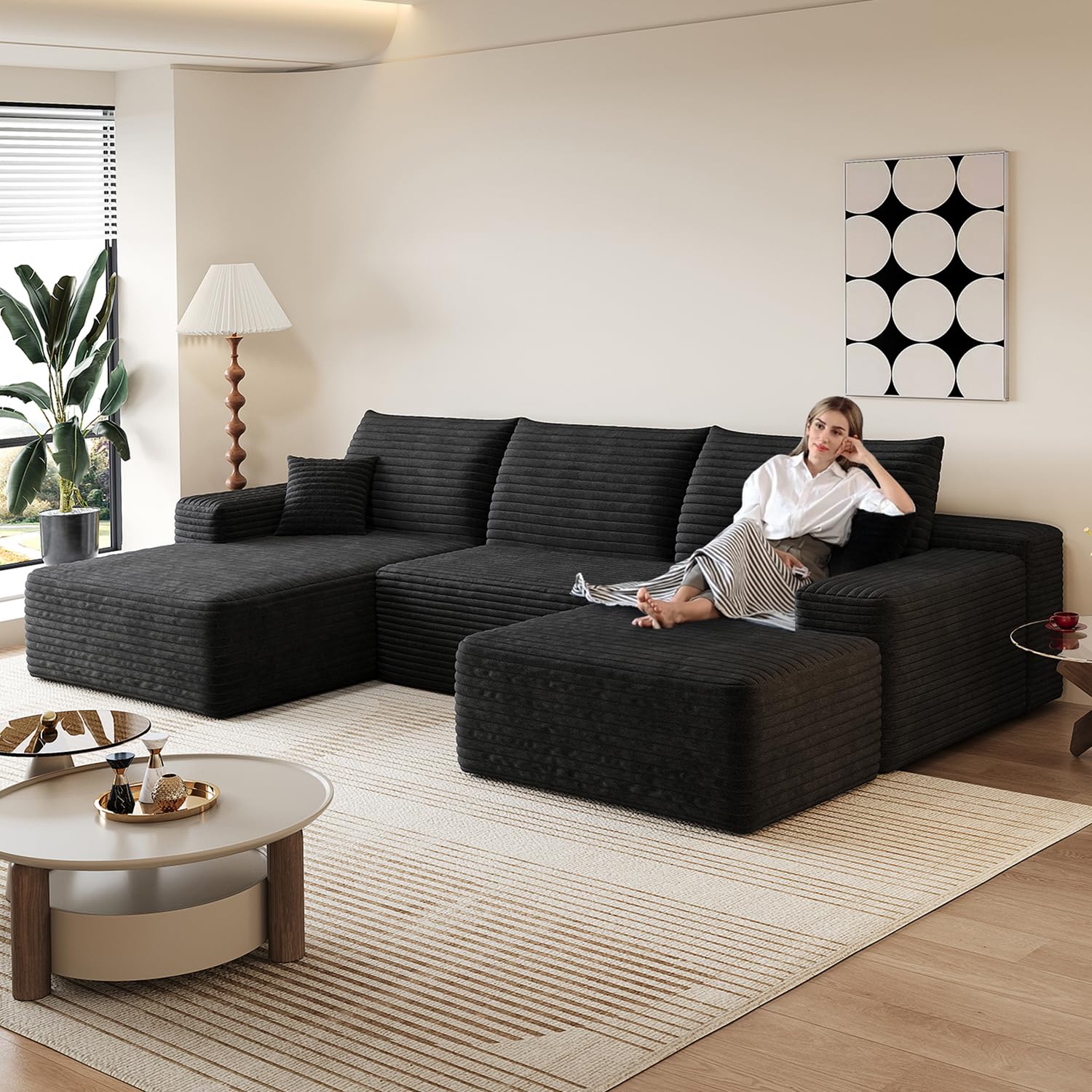 107" Comfy U-Shaped Sectional Modern Boneless Corduroy Couch with Chaise ‌and Ottoman‌ - No Assembly Required! Deep-Seat, Upholstered Modular Cloud