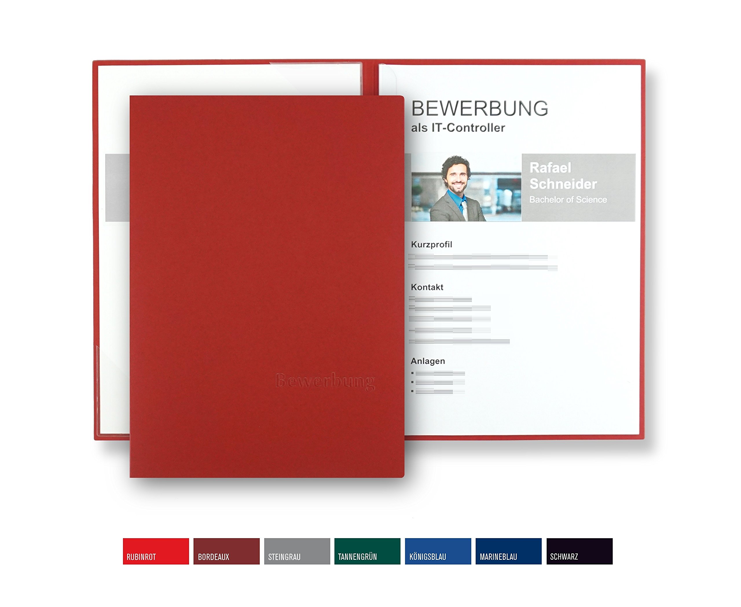 Pack of 8 Two-Part Application folders BL-Exclusive, BL-Plus in Ruby red, Premium Quality with Elegant Relief Embossing 'Bewerbung' - Product Design by 'Mario Lemani'