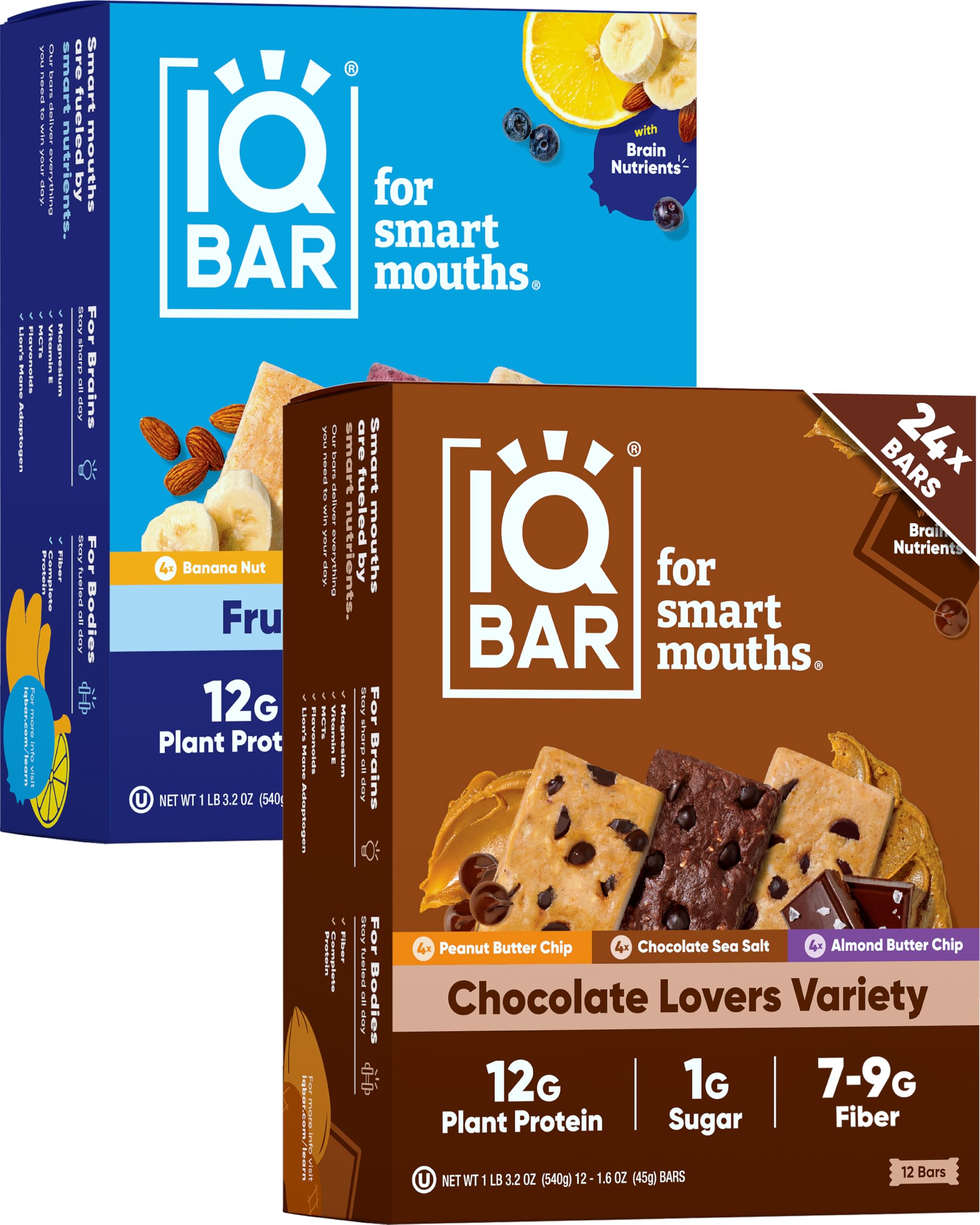 - IQBAR Brain and Body Plant Protein Bars - Chocolate & Fruit Variety - 24-Count - Keto, Vegan, Low Carb, High Fiber, Gluten Free, Dairy Free, Low Sugar Snack with Nutrients for Focus, Energy, Meal Replacement