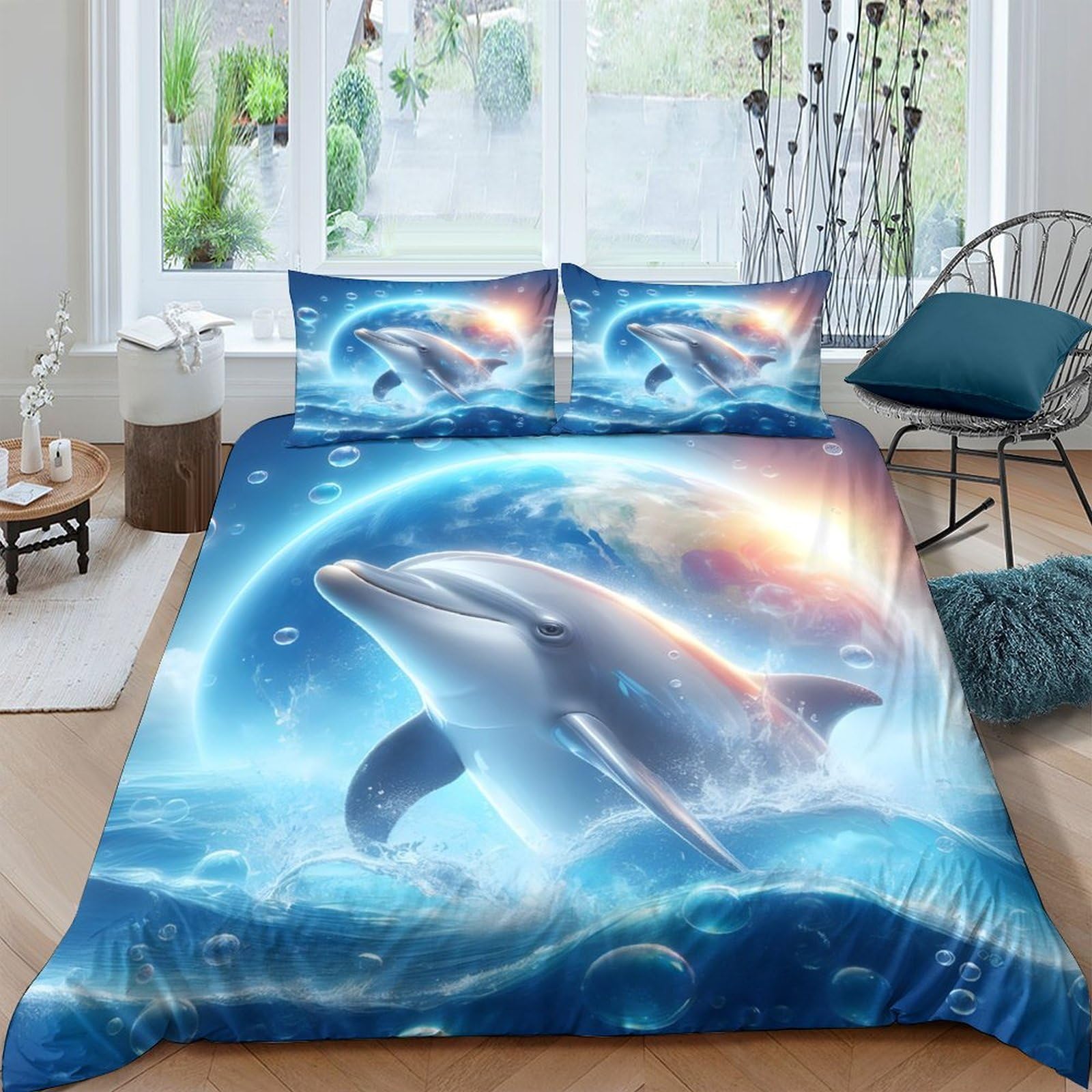 Ctjqhvkz Style-7 3D Printed Ocean Dolphin Fitted Sheet Microfiber Soft Blue Underwater Wave Mattress Cover For Bedroom Dorm Decor Single（135X200cm）