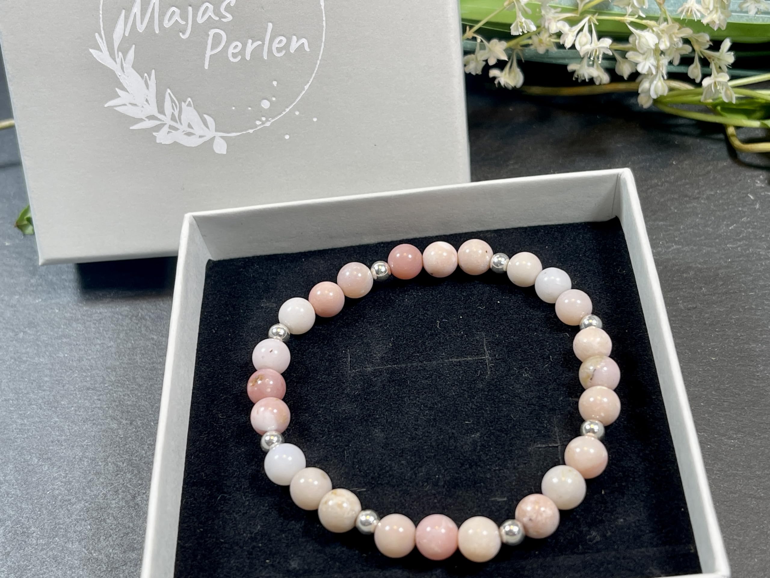 Rosa Opal Armband Perlen echt 6mm mit Edelstahlperlen 4mm Silber Gold Roségold oder Ionisiert - Handmade Perlenarmband Lebenskraft Kreativität und Ruhe - Spiritueller Schmuck Unisex