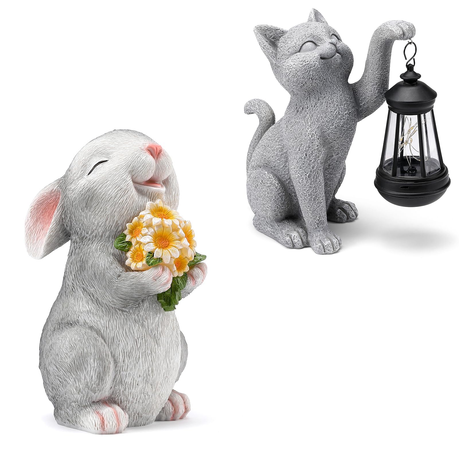 WONDHOMEA Bundle of Solar Rabbit and Cat Statue Garden Decor