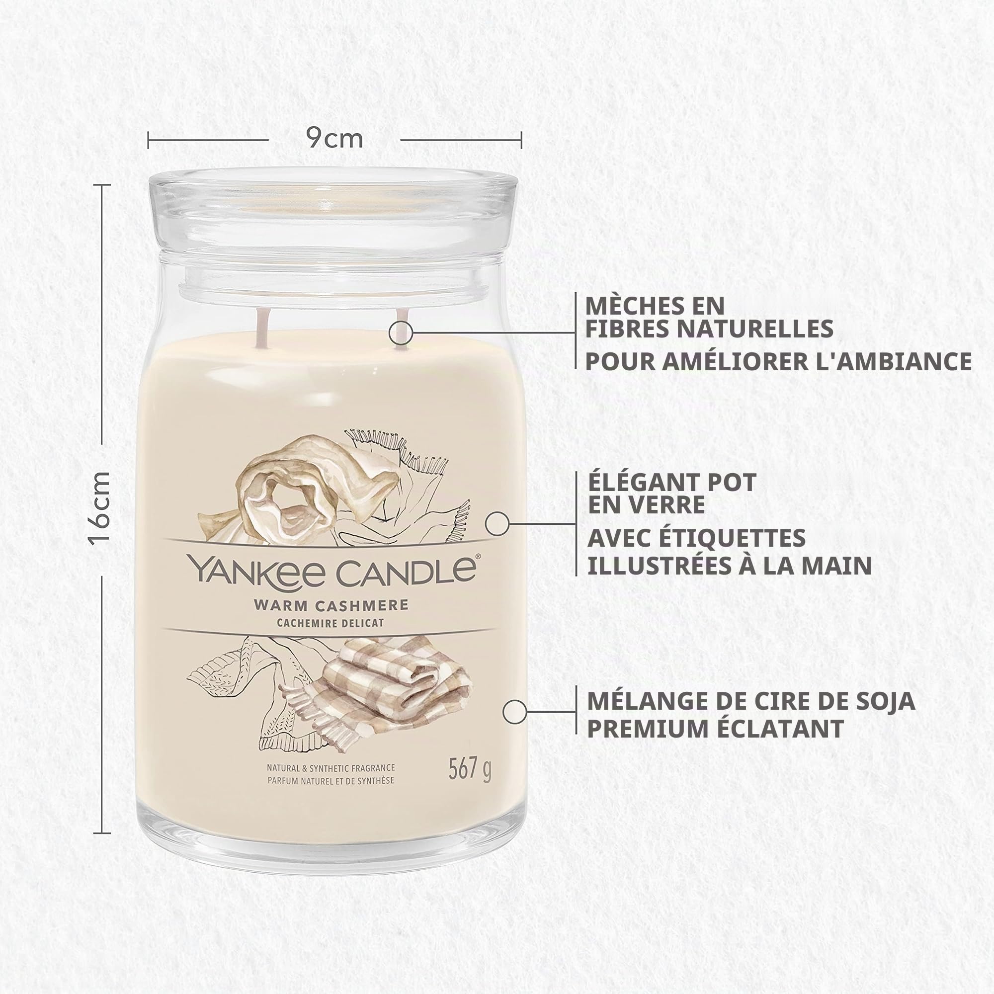 YANKEE CANDLE Signature Bougie parfumée Cachemire Délicat ; Grande Bougie Jarre Longue durée ; Mélange de cires de soja