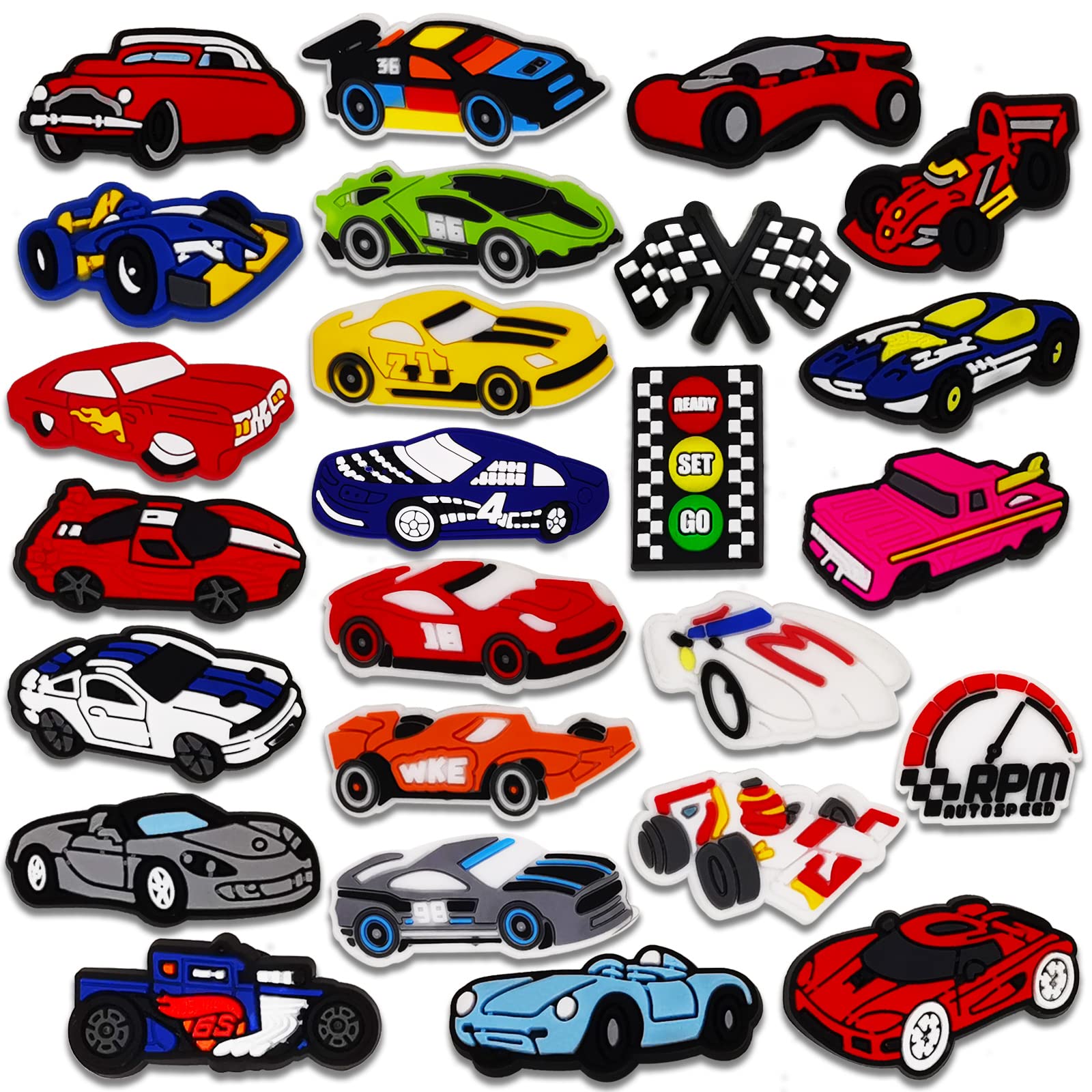 Zhycesog25PCS Racing Car Shoe Charms for Croc Bubble Slides Clogs Sandals, Speeding Car Shoe Accessories Decorations for Girls Women Teens Adults, Polyvinyl Chloride, No Gemstone