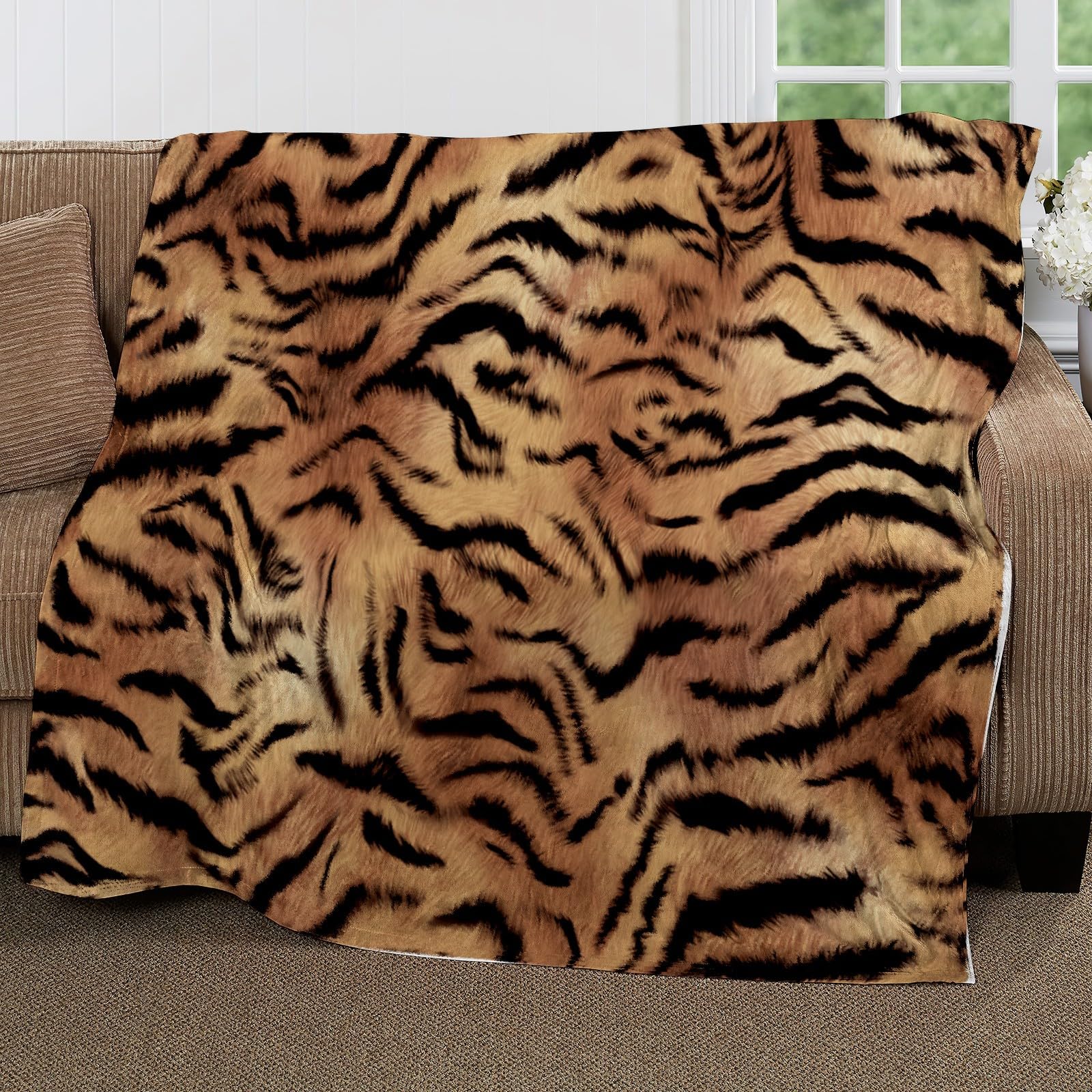 Kuscheldecke Flauschig Fleece Überwurf Braunes Tigermuster Flanell Sherpa Decke, Winterdecke Über Bett Oder Sofa, Weiche Decke für Reisen Camping 150x200cm