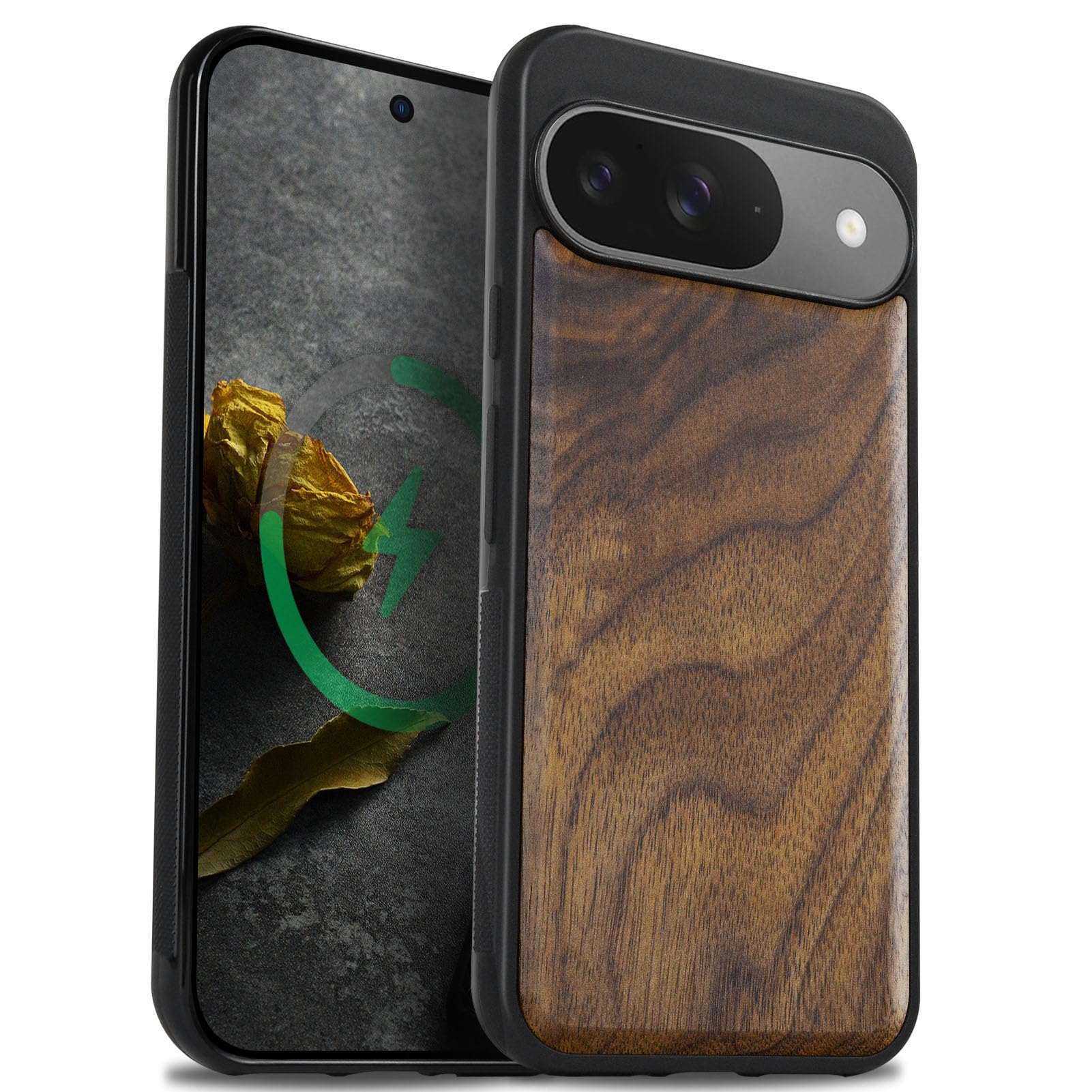 Carveit Magnetic Wooden Case for Google Pixel 9 Case, Wood Artisan Engraved & Soft TPU Shockproof Cover, Compatible with MagSafe Wireless Chargers (