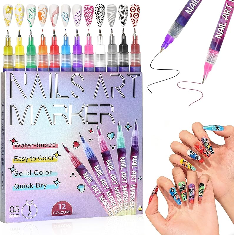 Nail Art Pens 12 Colors Quick Dry Fine Tip Markers Professional Design Kit