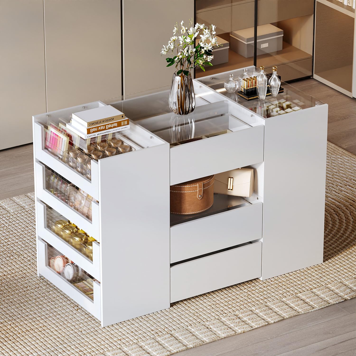 Closet Island with 14 Drawers, Glass Shelf and Glass Top, Bedroom Armoire Island Freestanding Display Dresser, White