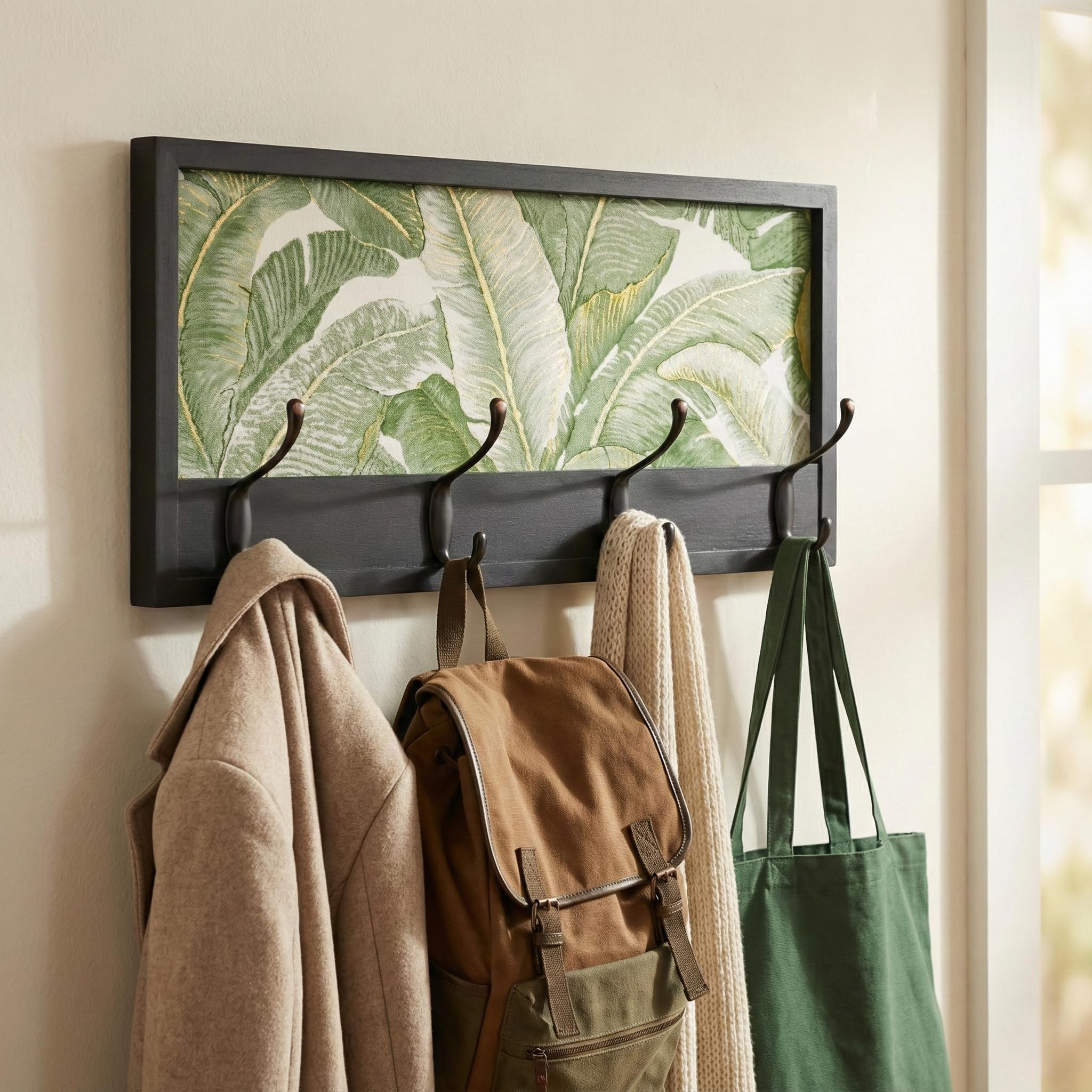 Perchero de Pared de Madera | 52×25 cm | Hecho en España | 4 Ganchos Dobles (8 Colgadores) para Ropa y Abrigos | Diseño Decorativo Funcional | Colgador Entrada, Salón, Oficina (Nature/Boho Negro)