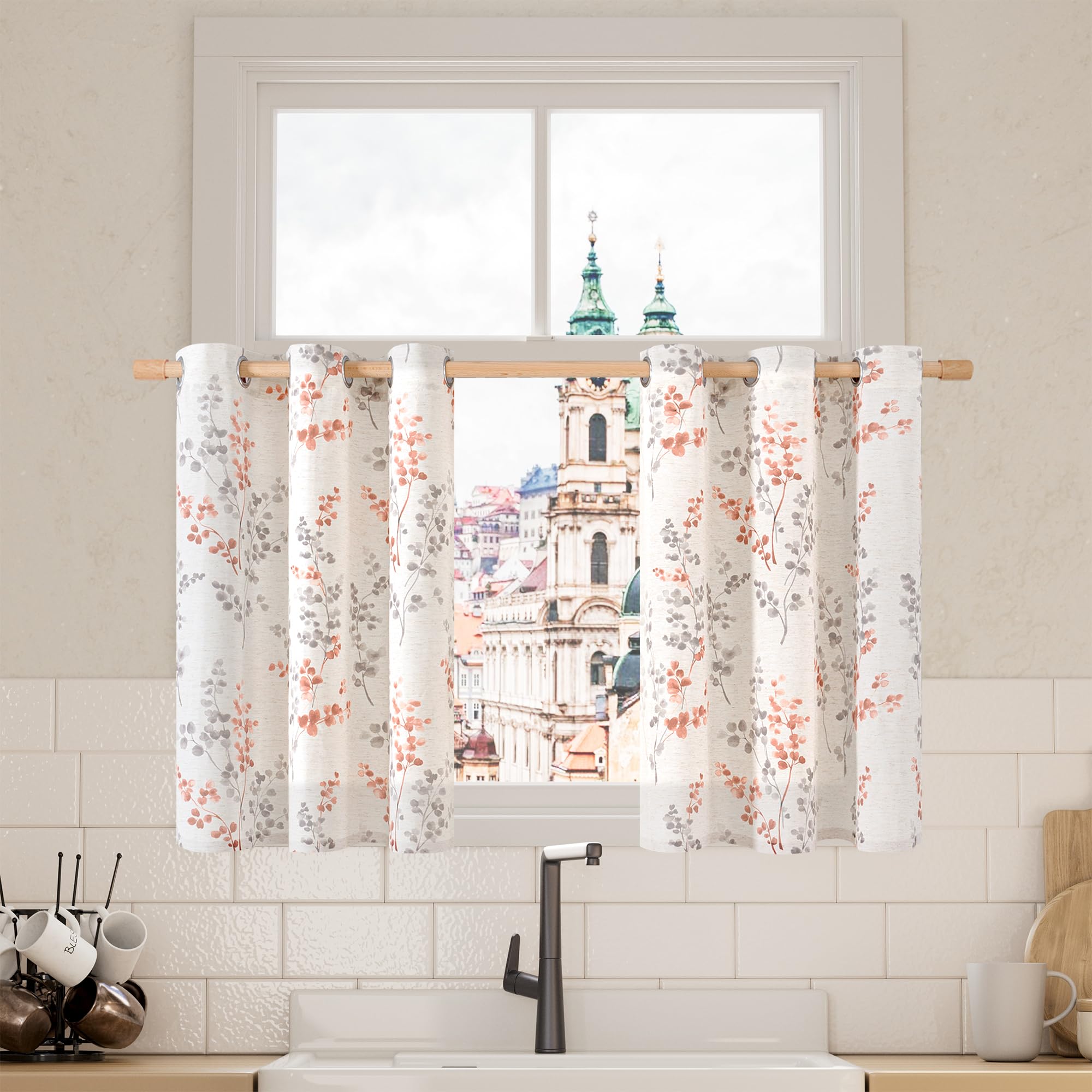 BGment Short Linen Curtains 36 Inch Length 2 Panels Set, Half Window Cafe Curtains for Dining Room Farmhouse Bathroom Kitchen, Print Leaf Design, Each