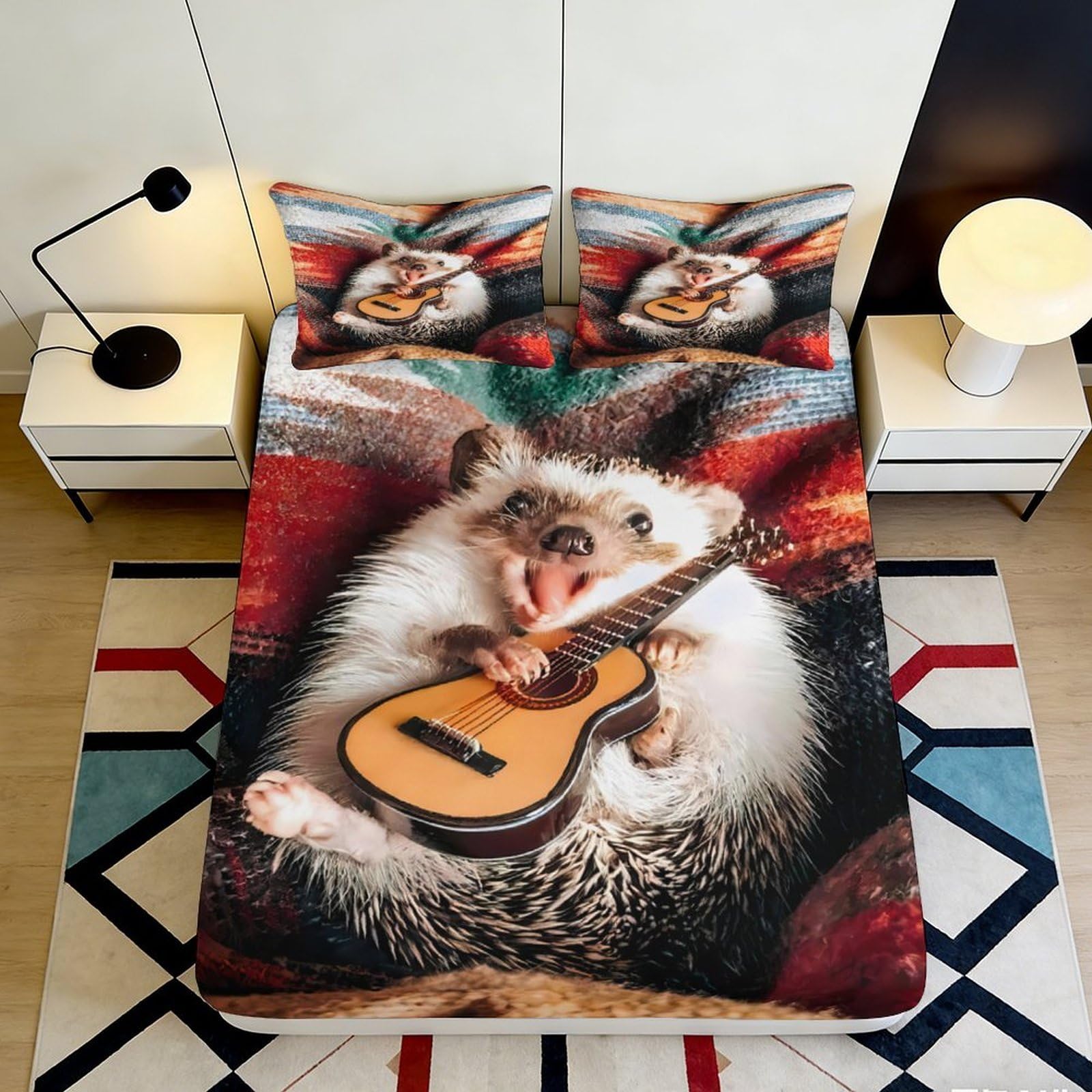 3D Printed Hedgehog Guitar Fitted Sheet Microfiber Soft Breathable Animal Bed Cover for Bedroom Dorm Decor 90x200x25cm