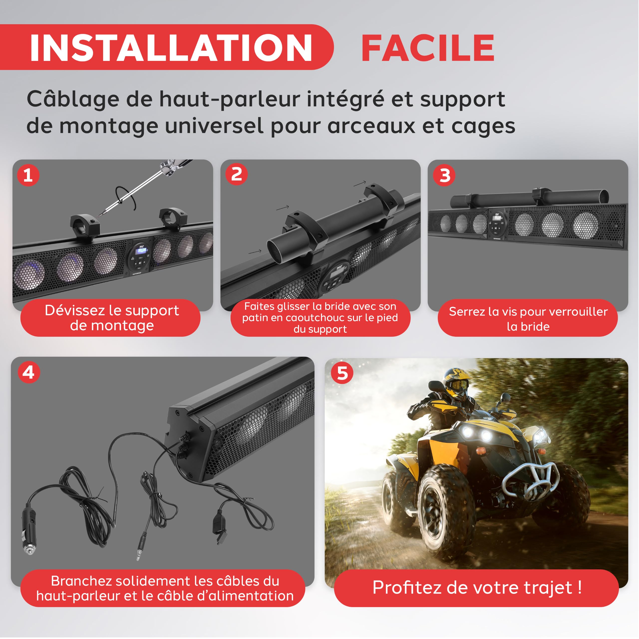 Pyle Barre de Son Marine de 91,4 cm pour VTT/UTV avec Bluetooth, 270 W, amplificateur intégré, woofer 6 x 4, hauteurs 2 x 1, télécommande, entrée USB/AUX, Support de Guidon