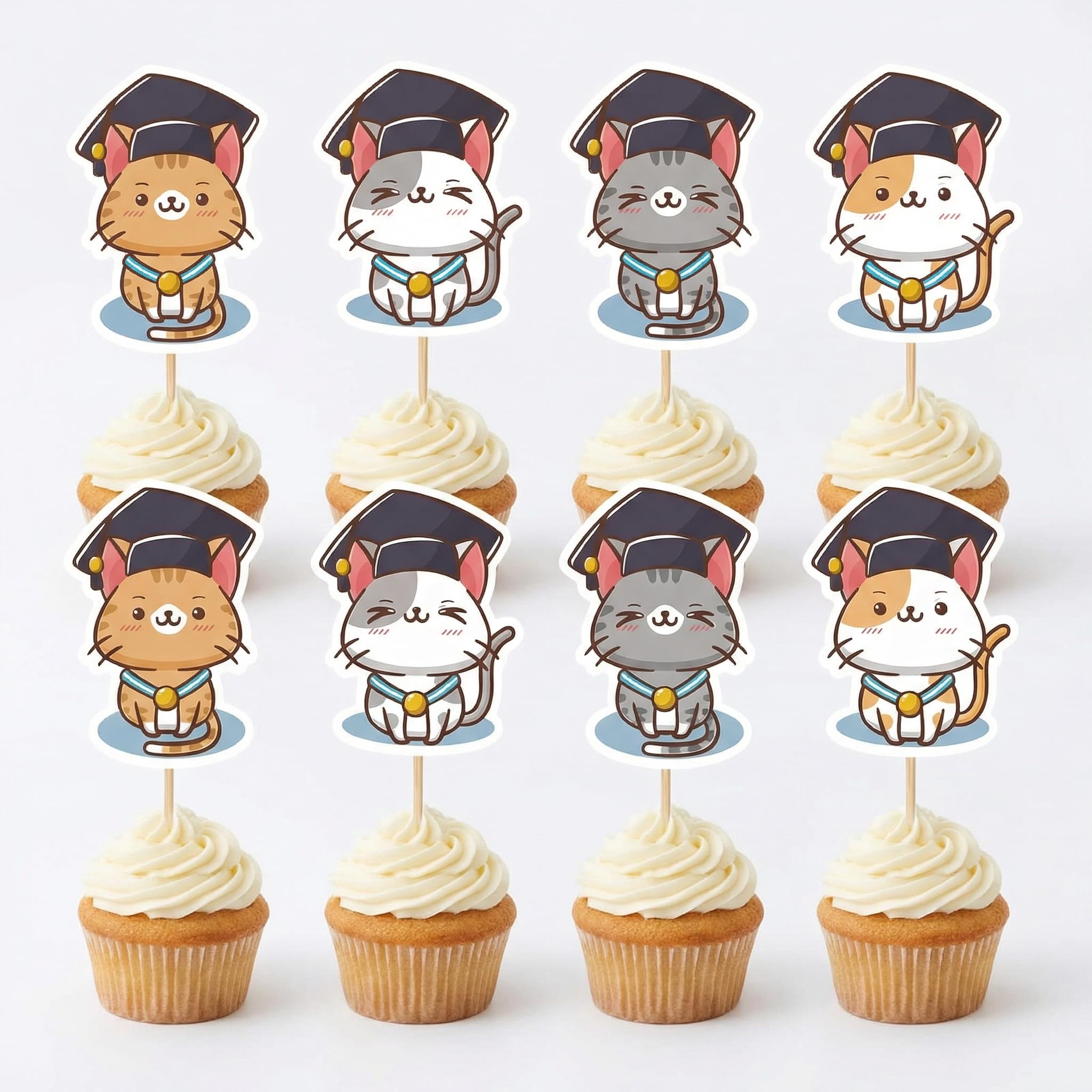 Arthsdite 24 Pcs Cat Graduation Cupcake Toppers Cute Kitten Grad Cap Cupcake Picks for 2026 Graduation Party Decorations Kindergarten Preschool Elementary School Graduate Supplies