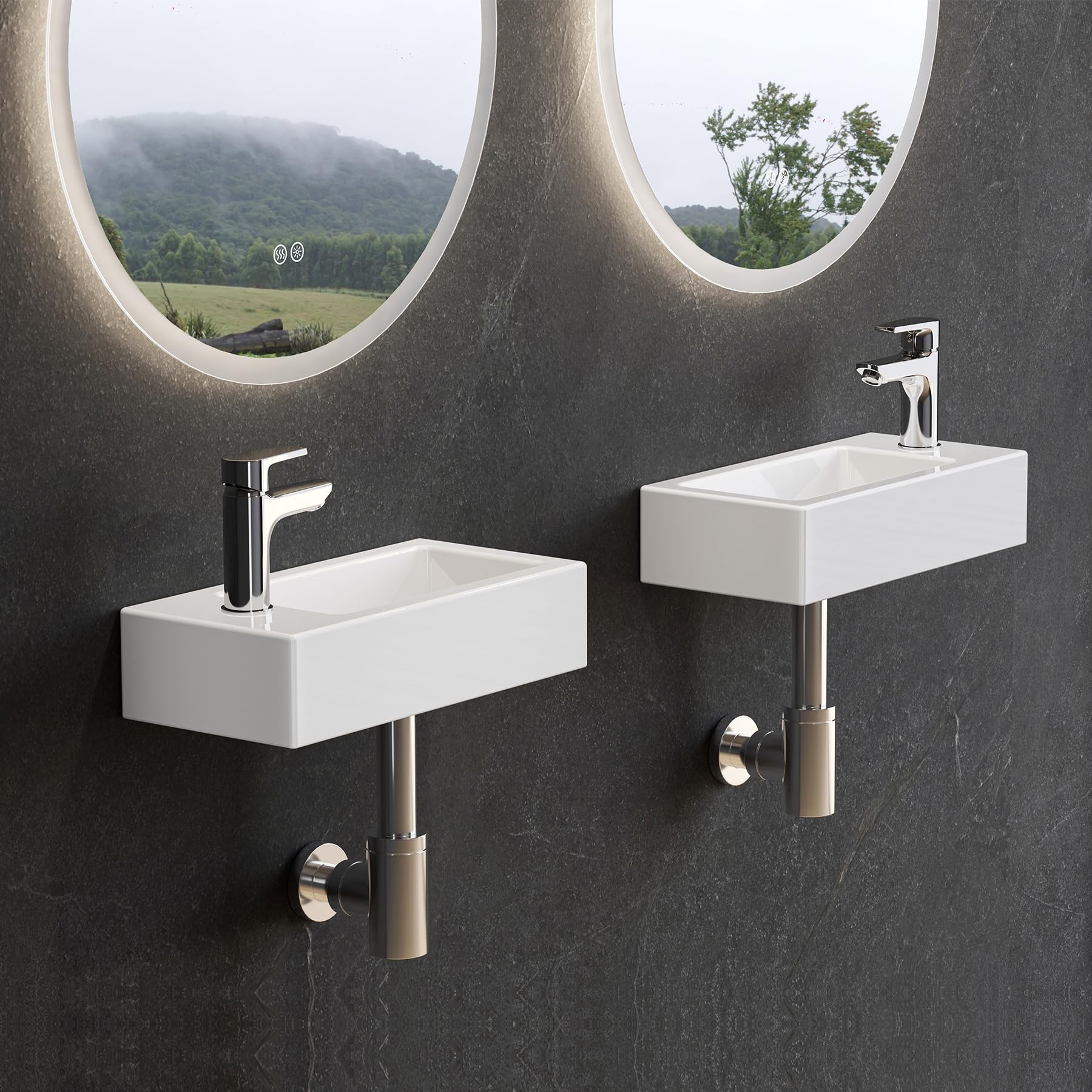 HOROW lavatoio ceramica bianca rettangolare, compatto lavandino piccolo bagno, lavabo bagno sospeso, con 1 foro per rubinetto a sinistra, 370x180x90 MM