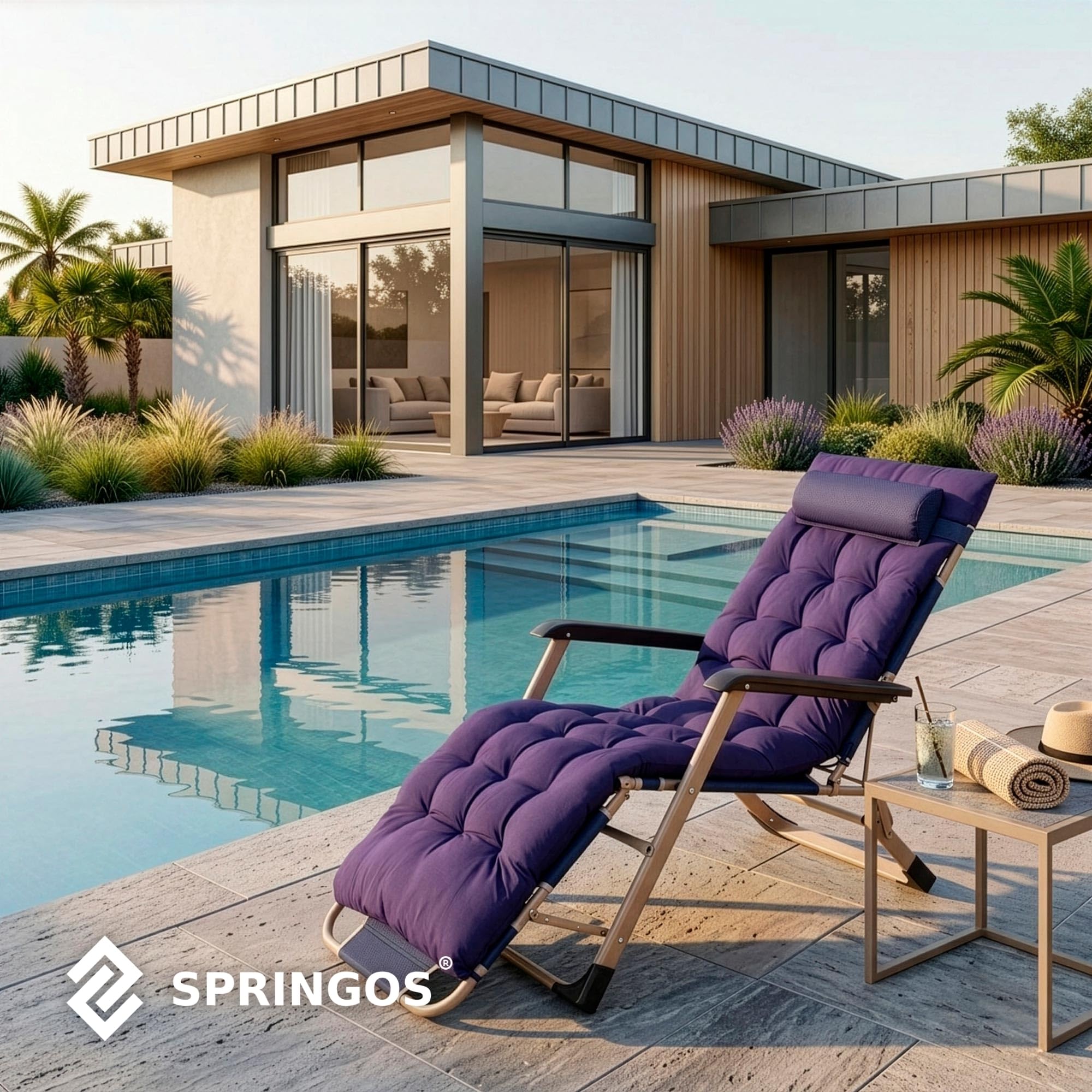 SPRINGOS Gartenliege extra hoch klappbar - Sonnenliege Balkon mit Liegefunktion & Kopfkissen - Relaxsessel Outdoor, Kippliege Garten wetterfest & klappbare Bäderliege - 66 x 137 x 92 cm