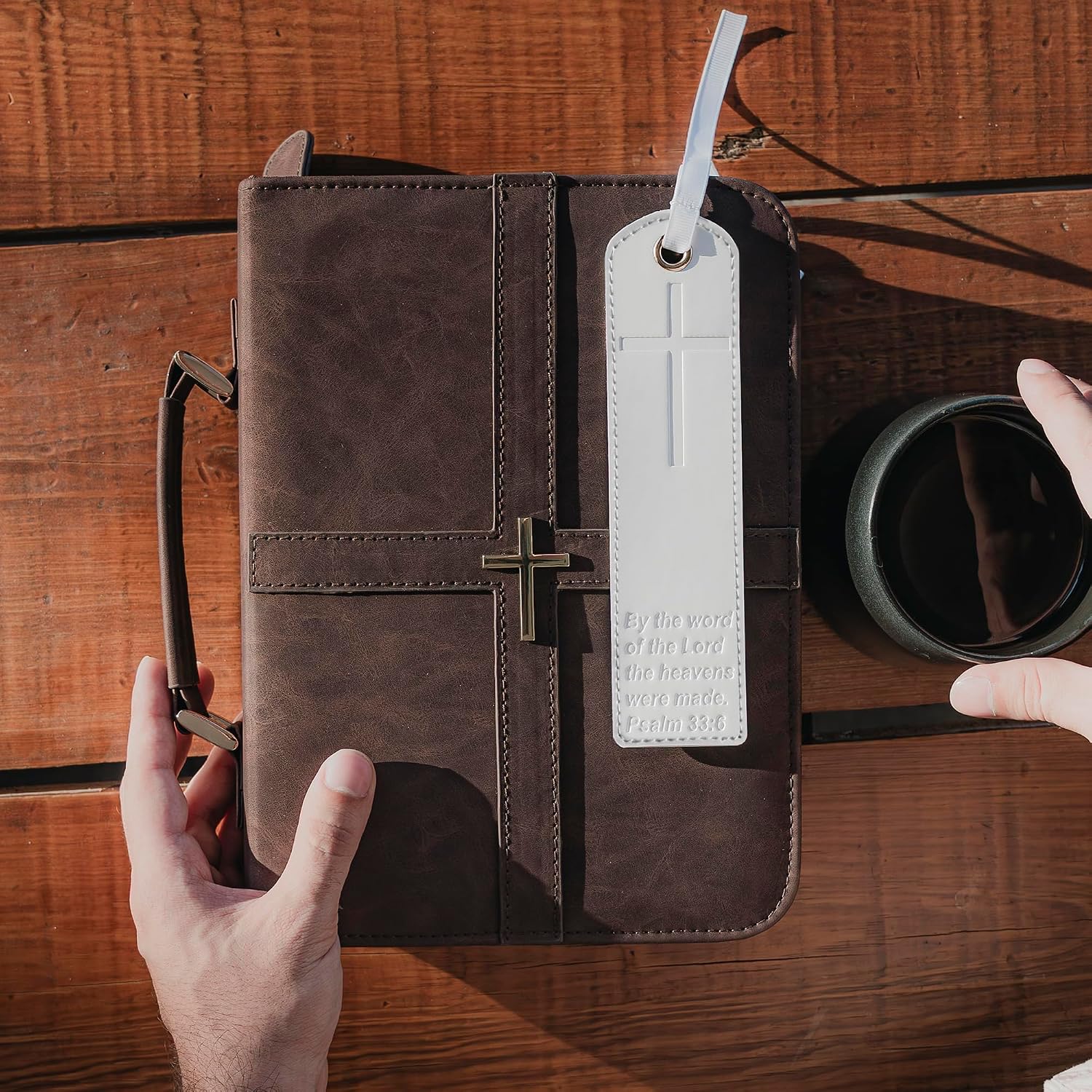 Bible Cover (U.S. Patent Pending), Discreet & Elegant Bible Case, Brown PU Leather Bible Cover, Cross Design Bible Bags, Strong and Sturdy Book Case, Includes Premium Bookmark