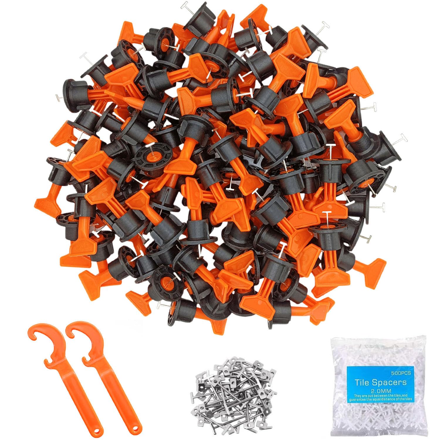 Goysen Tile Leveling System 100pcs Tile Leveler Spacers with 2 Special Wrench, 500pcs 2mm Tile Spacers. Tile Installation Tool Kit for Building Walls & Floors