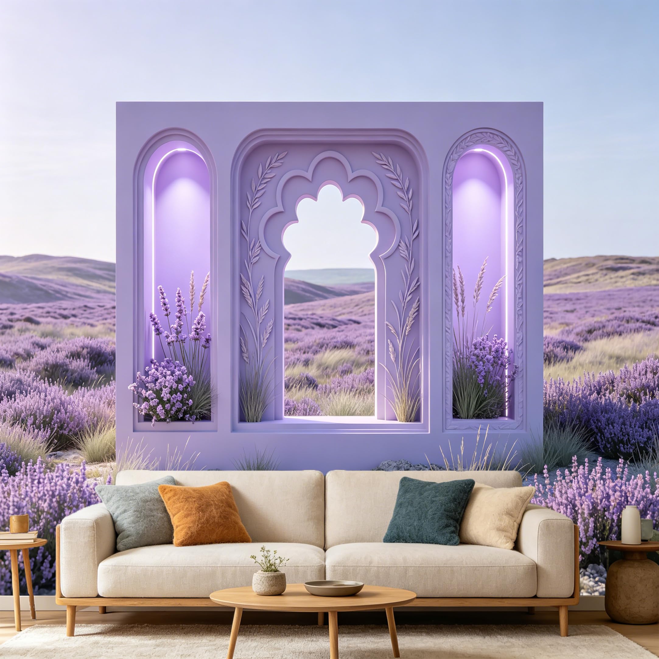 Custom Size Wall Mural， 3D Lavender Field Archway Scenic Landscape， SelfAdhesive Art Prints wall Fabric Removable Large Wallpaper Home Living Room Decor