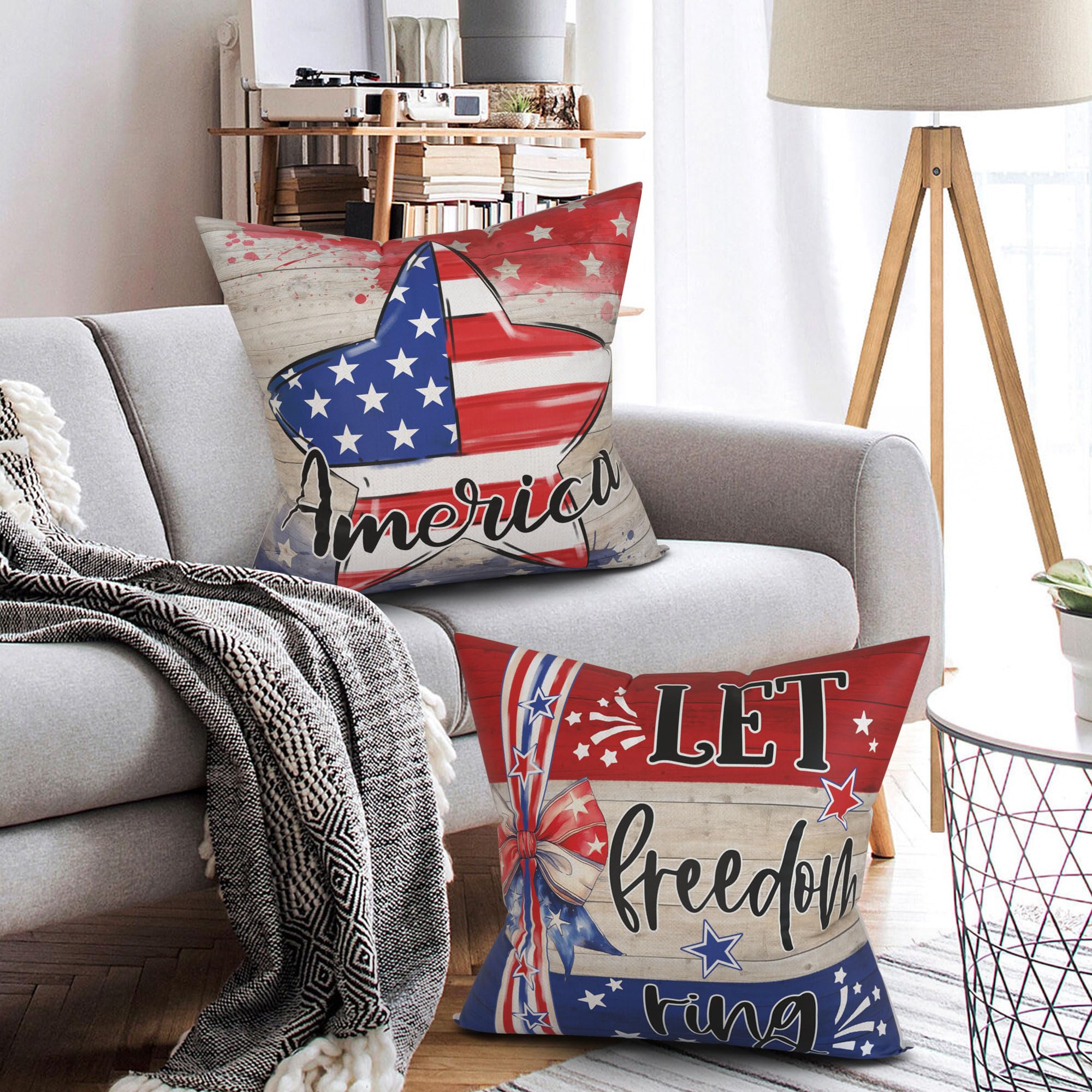 4th of July Pillow Covers 18x18 Set of 4 Patriotic Throw Pillow Covers with American Flag Stars and Stripes July 4th Decorations Independence Day Pillowcase Square Cushion Covers for Sofa Bed Couch 3