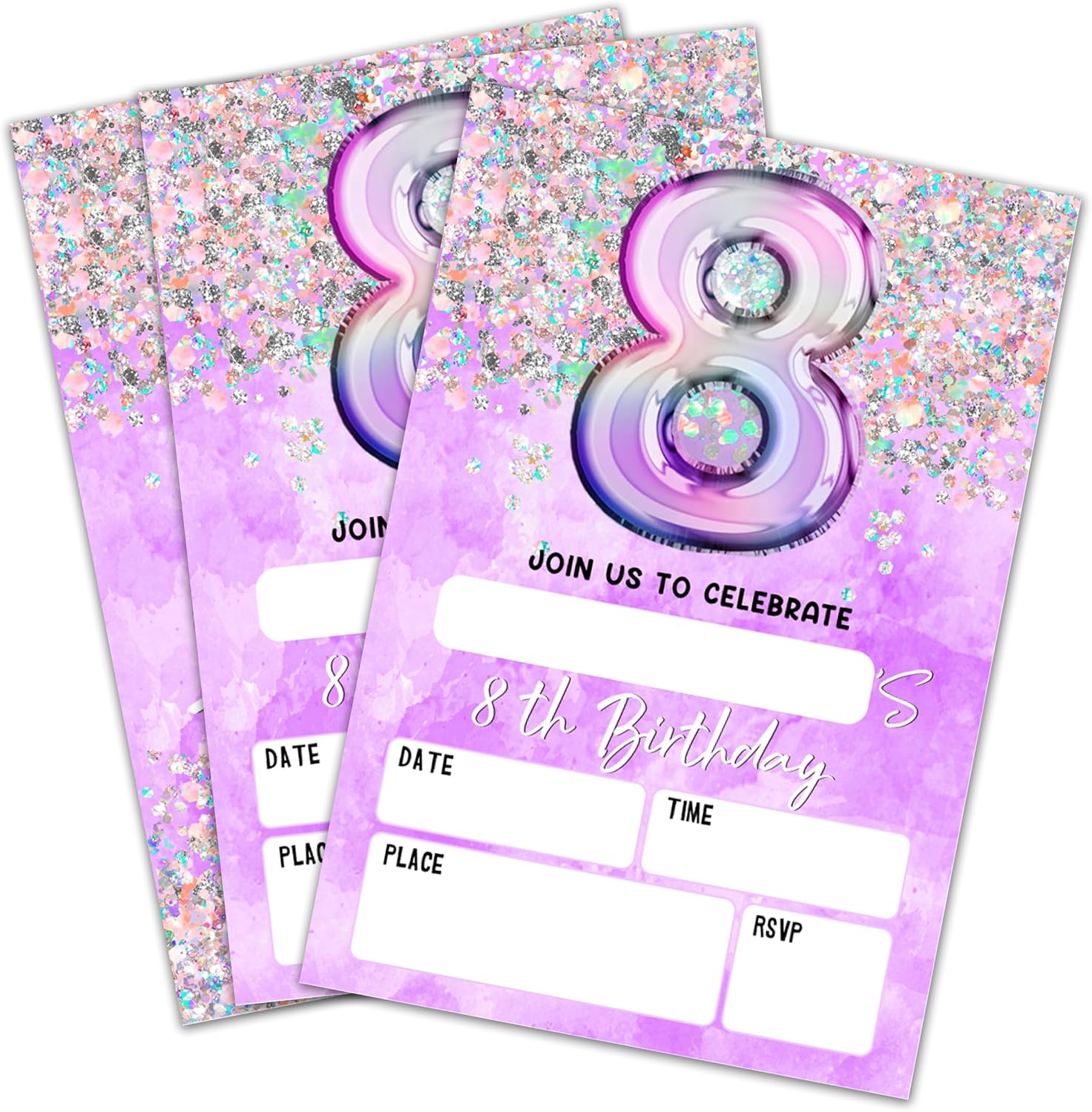8Th Birthday Invitation Cards, Holographic Balloons Double-Sided Fill In Style Birthday Invites With Envelopes, Glitter Purple 8 Years Old Invitations For Girls, Teen, Party Favor & Supplies - A08