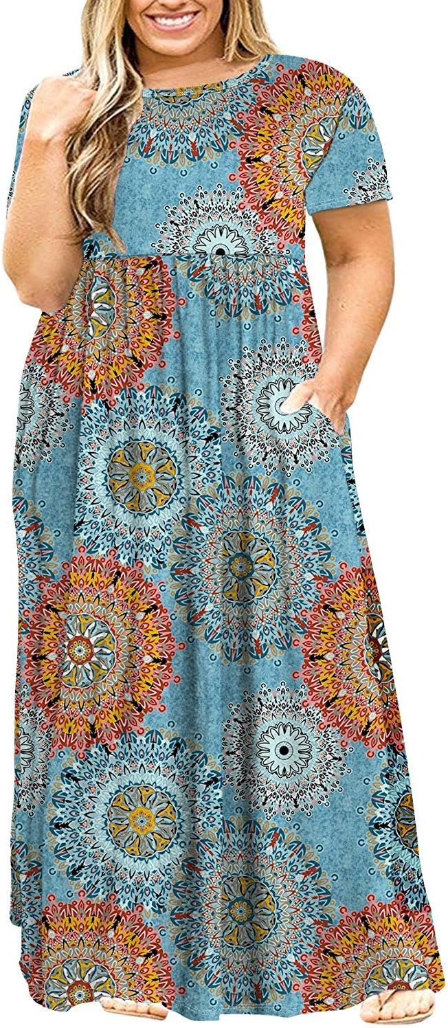 CUALITA Women Short Sleeve Loose Plain Casual Plus Size Long Maxi Dress with Pockets