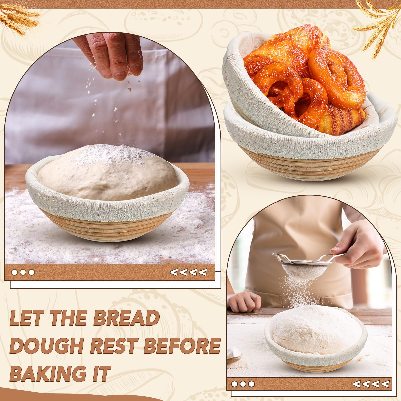 Gejoy 20 Sets Brotgärkörbe, Bulk-Form, Banneton, Teiggärschüssel-Set mit Stoffeinsatz und Kunststoffschaber, Sauerteig-Gärkörbchen für Zuhause, Sauerteig-Bäckerzubehör (rund, 21,6 cm)