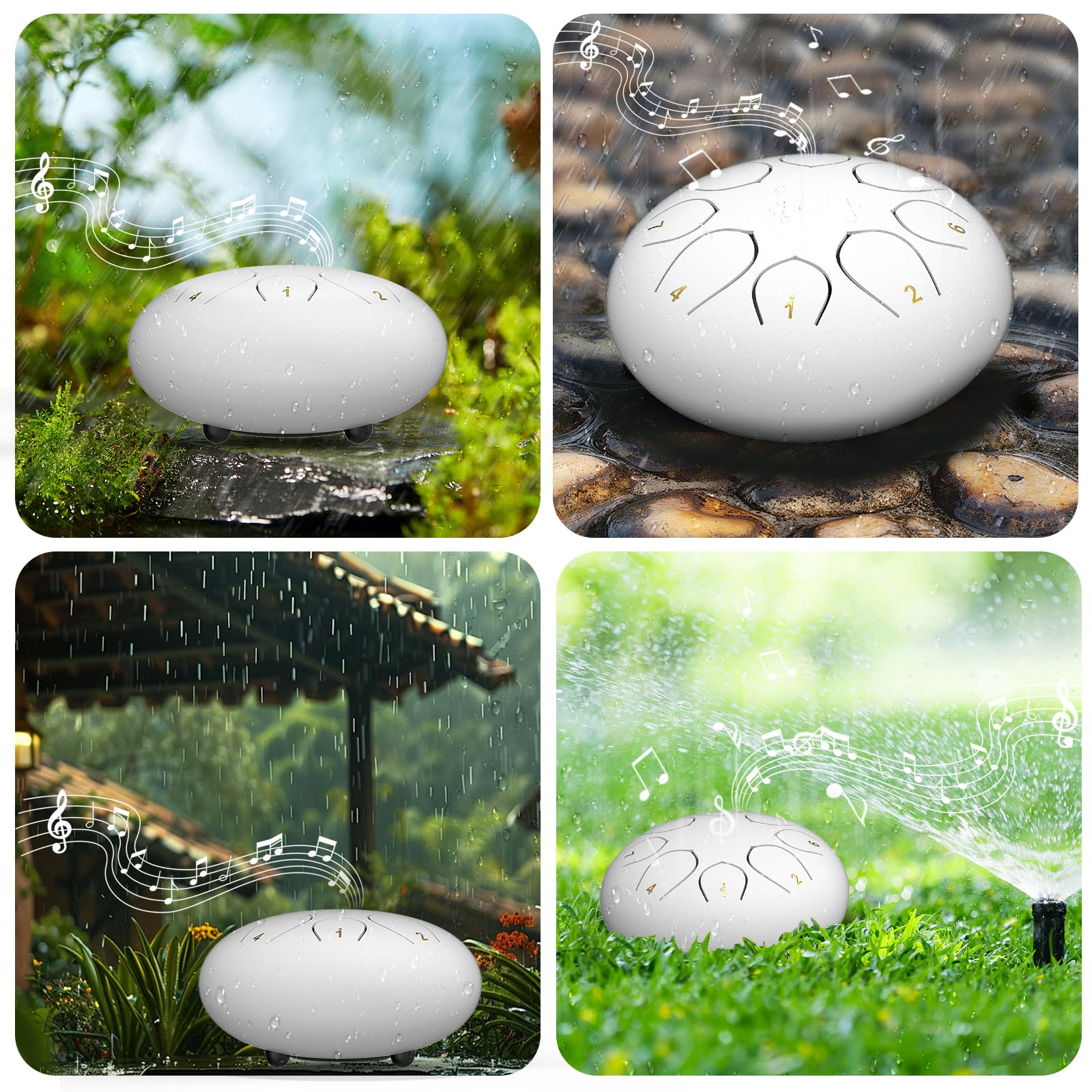 Rain Drum for Outside Garden, 6 Inches 8 Notes Steel Tongue Drums, Waterproof Meditation Echo Rain Chime, Musical Instruments for Adult Gift with Bag, Music Book, Mallets (White) 4
